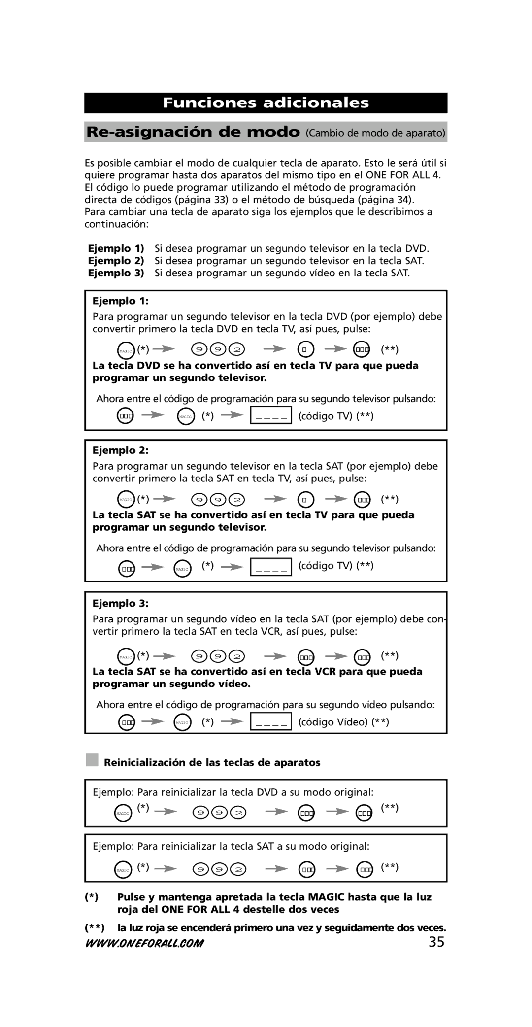 One for All URC-3445 instruction manual Funciones adicionales, Ejemplo, Reinicialización de las teclas de aparatos 