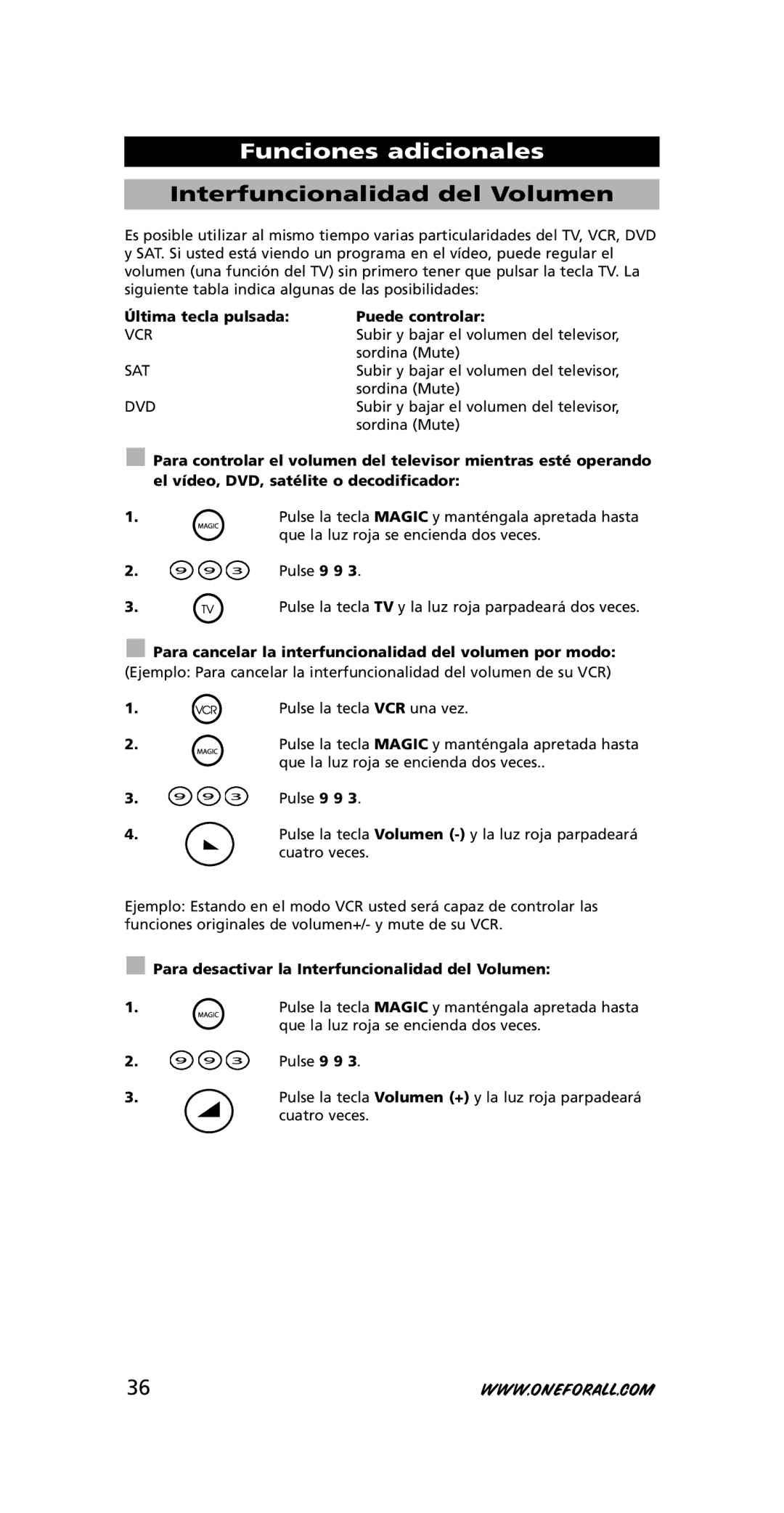 One for All URC-3445 instruction manual Interfuncionalidad del Volumen 