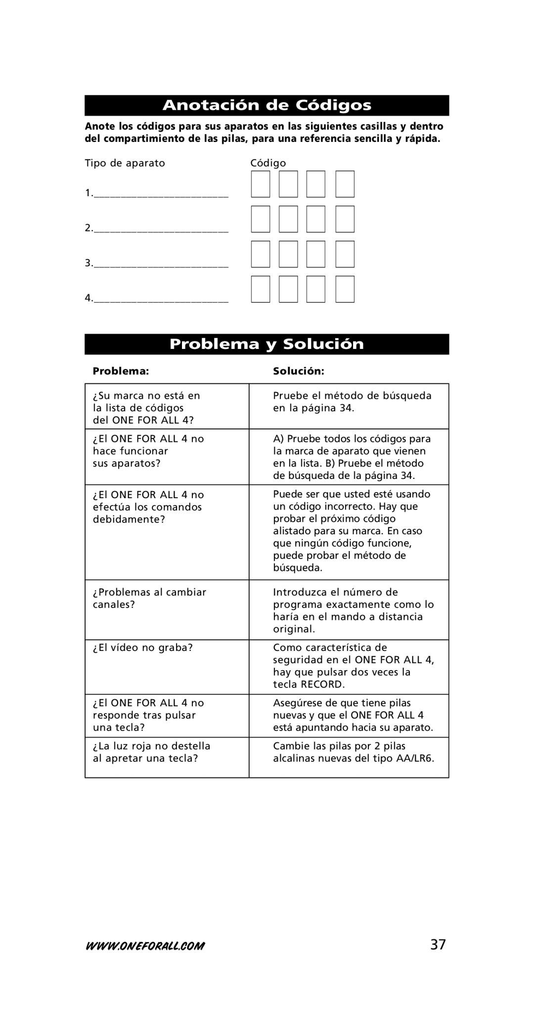 One for All URC-3445 instruction manual Anotación de Códigos, Problema y Solución, Problema Solución 