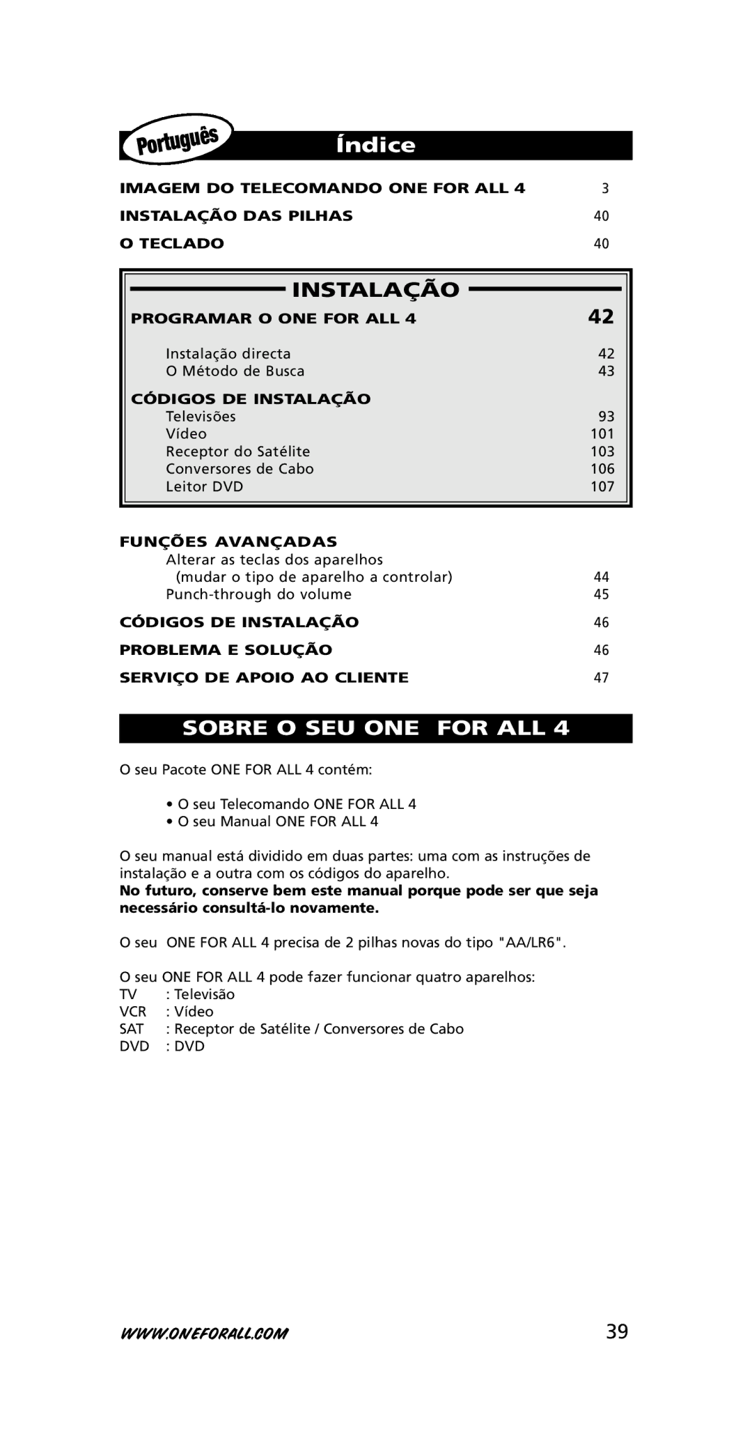 One for All URC-3445 instruction manual Índice, Programar O ONE for ALL, Códigos DE Instalação, Funções Avança DAS 