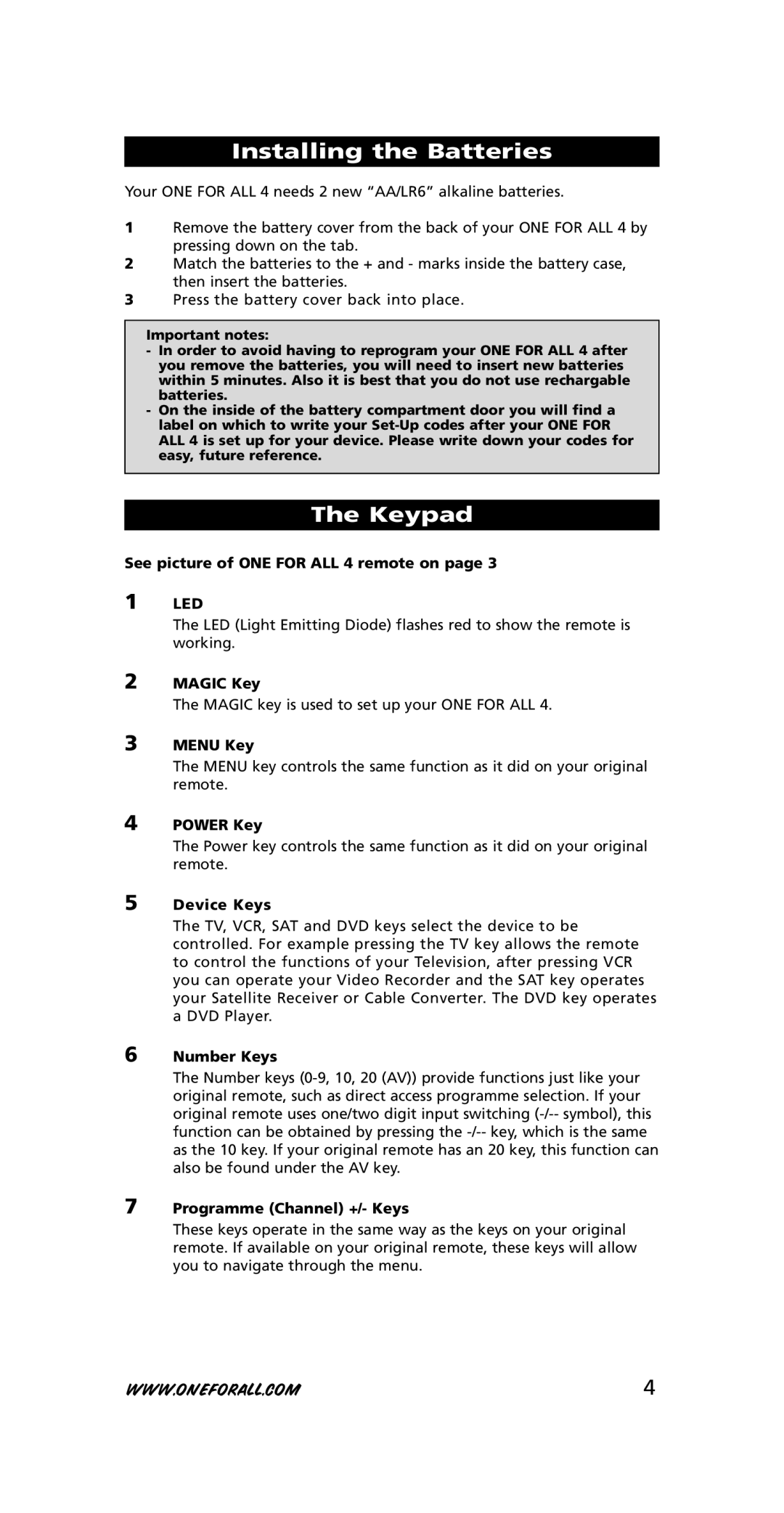 One for All URC-3445 instruction manual Installing the Batteries, Keypad, Led 