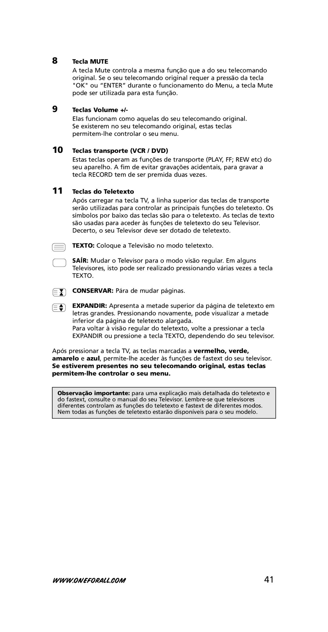 One for All URC-3445 instruction manual Teclas Volume +, Teclas transporte VCR / DVD, Teclas do Teletexto, Texto 