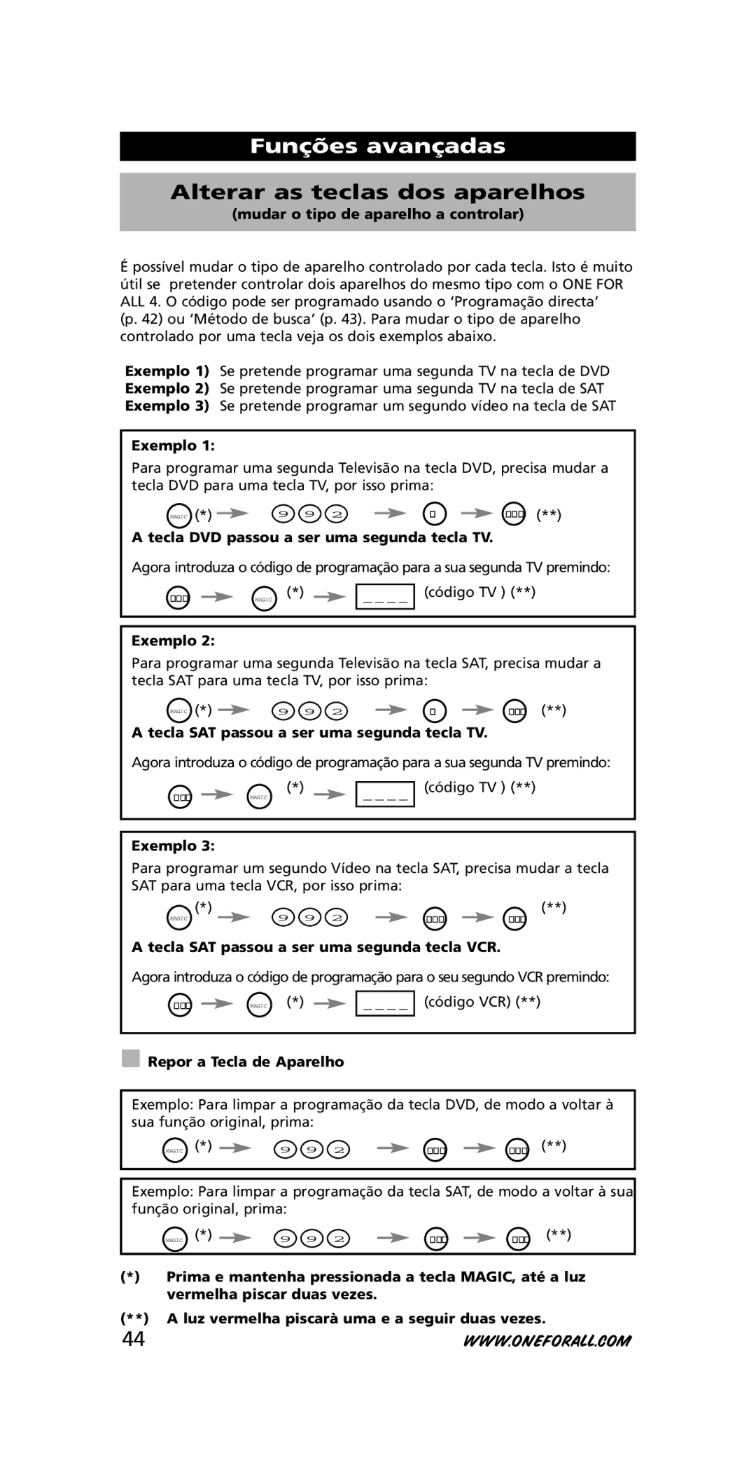 One for All URC-3445 instruction manual Funções avançadas, Alterar as teclas dos aparelhos 