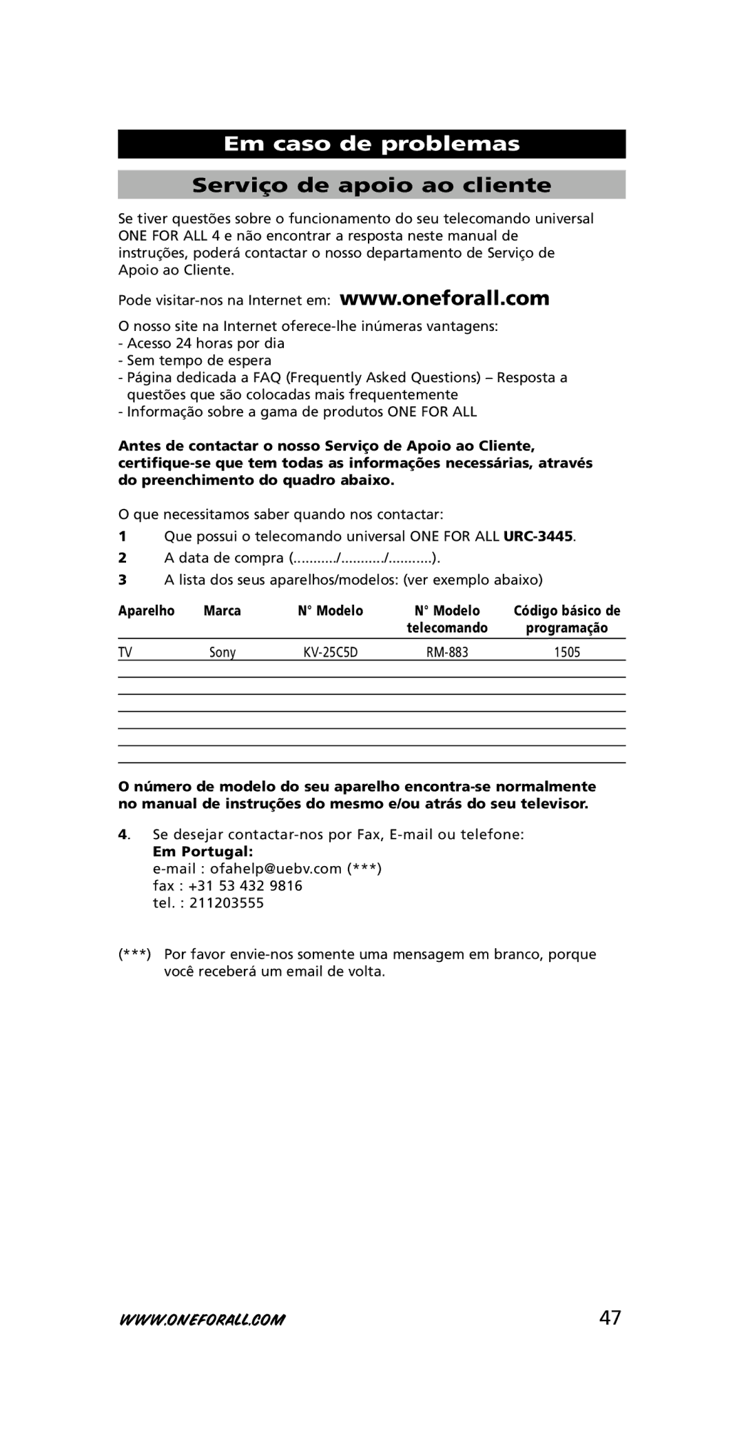 One for All URC-3445 instruction manual Em caso de problemas, Serviço de apoio ao cliente, Aparelho, Em P ortugal 