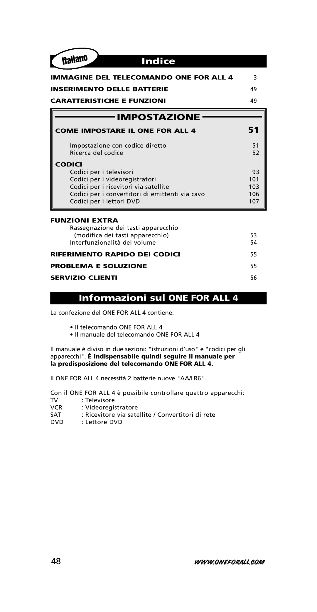 One for All URC-3445 Impostazione, Informazioni sul ONE for ALL, Come Impostare IL ONE for ALL, Codici, Funzioni EXT RA 