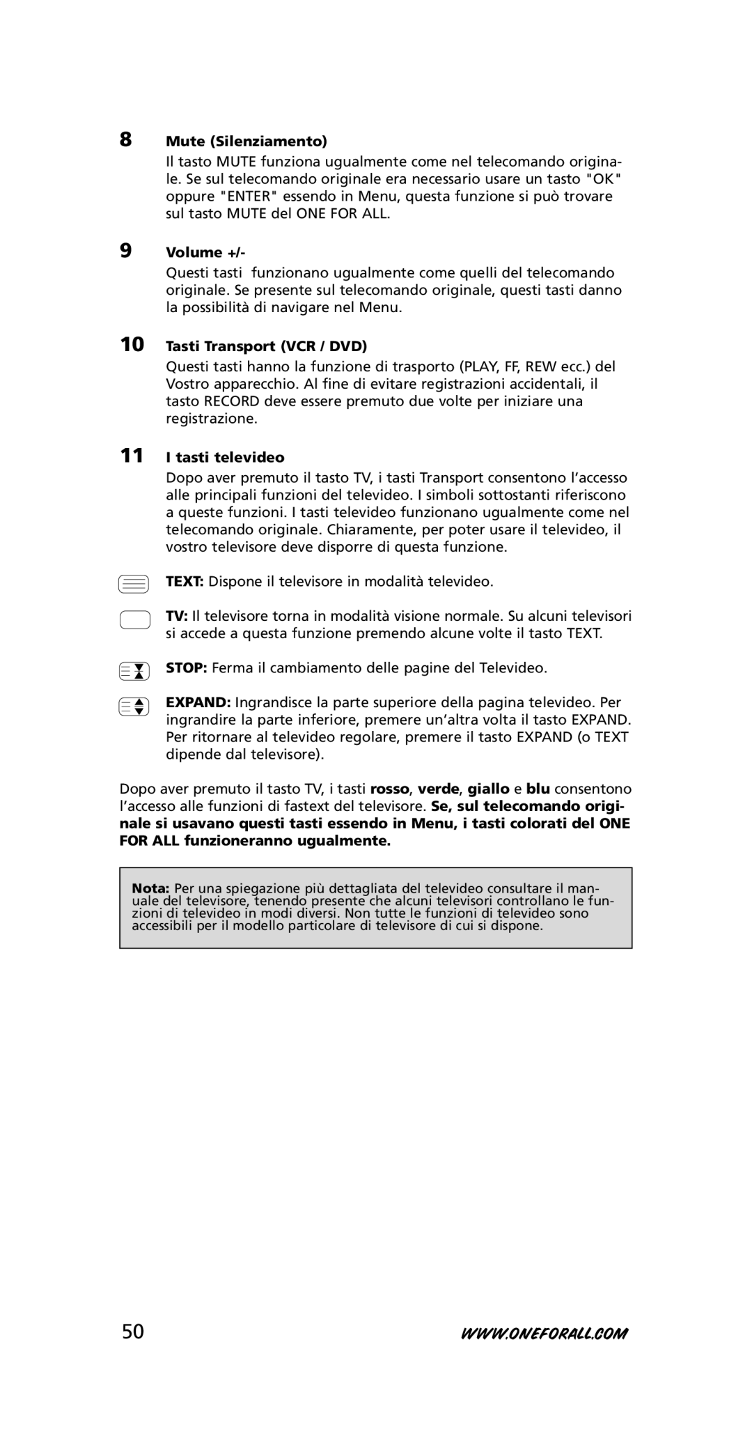 One for All URC-3445 instruction manual Mute Silenziamento, Volume +, Tasti Transport VCR / DVD, Tasti televideo 