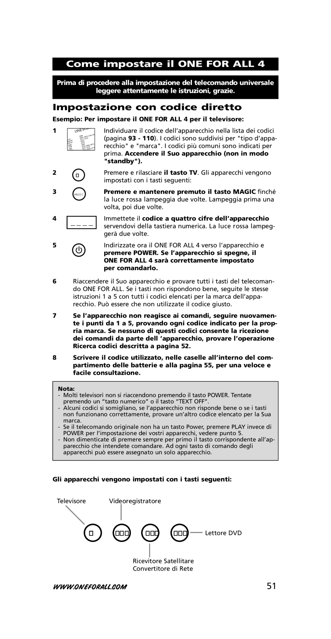 One for All URC-3445 instruction manual Come impostare il ONE for ALL, Impostazione con codice diretto 