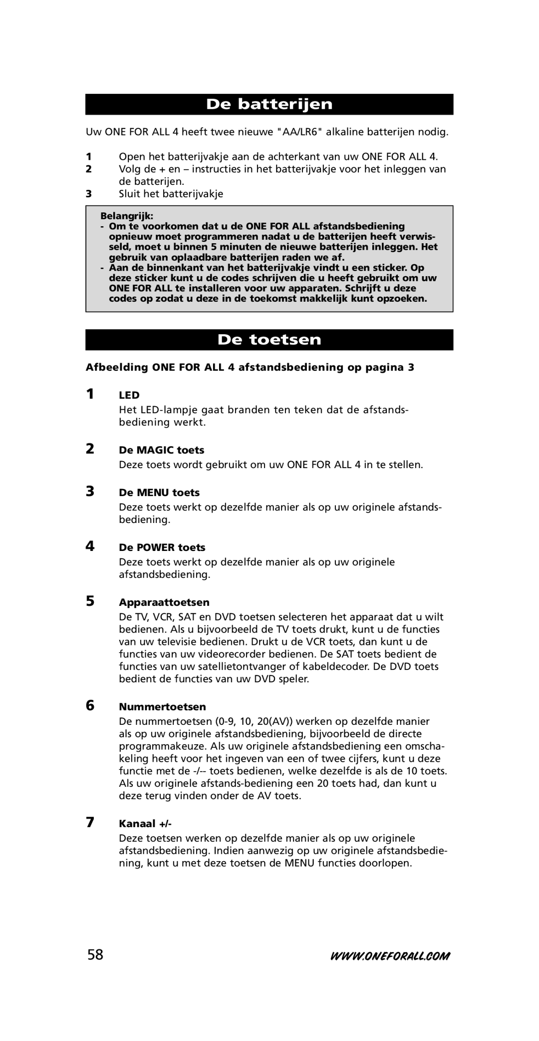 One for All URC-3445 instruction manual De batterijen, De toetsen 