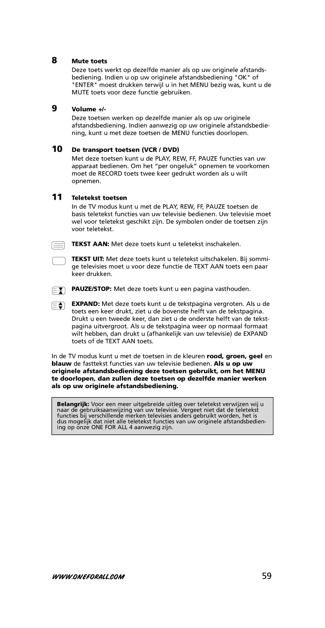 One for All URC-3445 instruction manual Mute toets, De transport toetsen VCR / DVD, Teletekst toetsen 