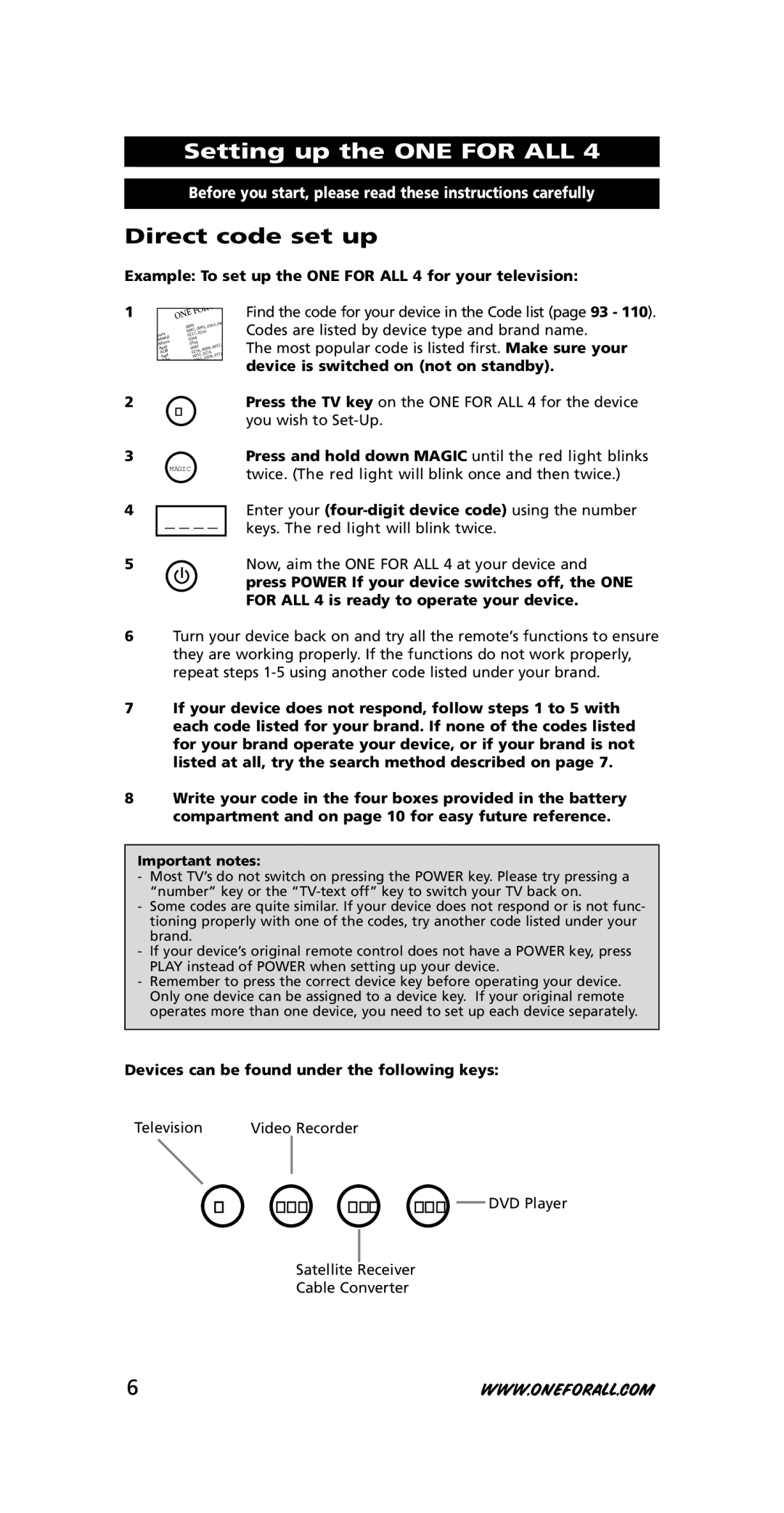 One for All URC-3445 Setting up the ONE for ALL, Direct code set up, Devices can be found under the following keys 