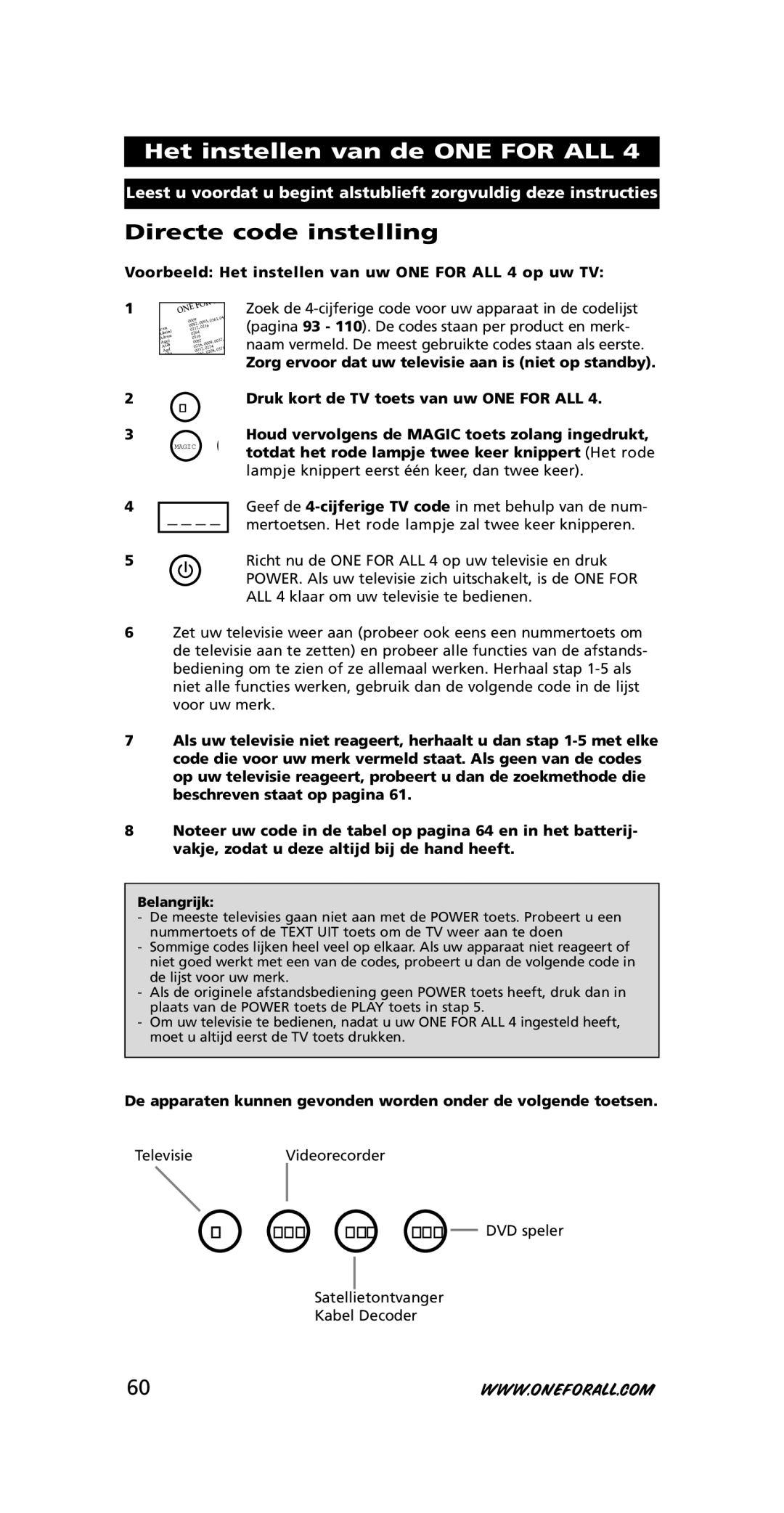 One for All URC-3445 instruction manual Het instellen van de ONE for ALL, Directe code instelling 