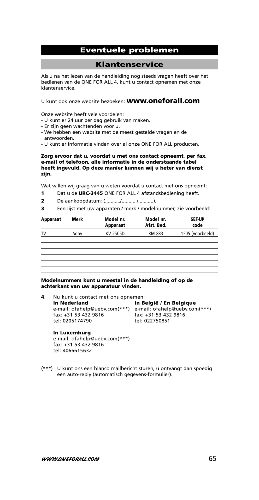 One for All URC-3445 instruction manual Eventuele problemen, Klantenservice, Apparaat, Nederland Be lgië / En Bel gique 