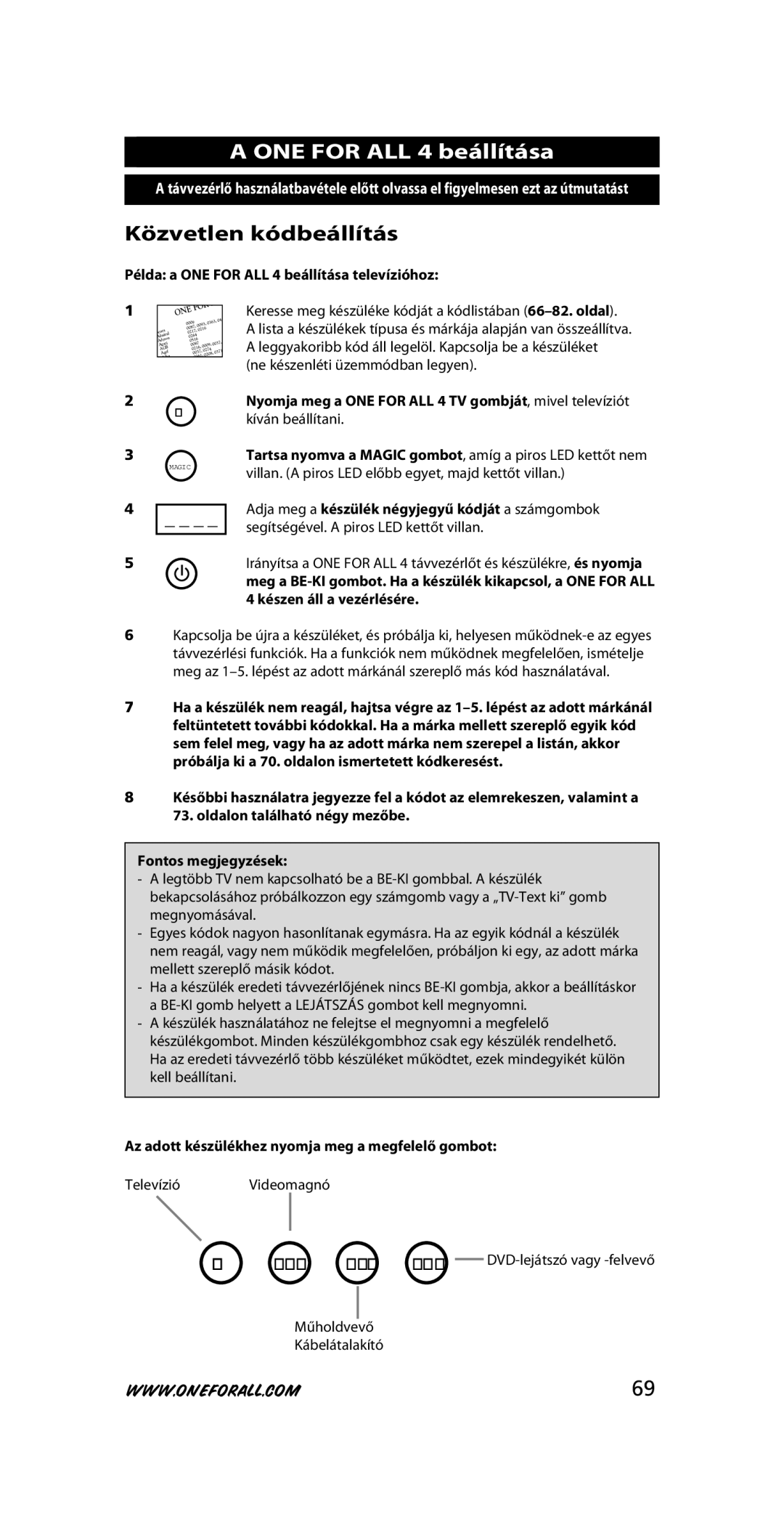 One for All URC-3445 instruction manual Közvetlen kódbeállítás, Példa a ONE for ALL 4 beállítása televízióhoz 