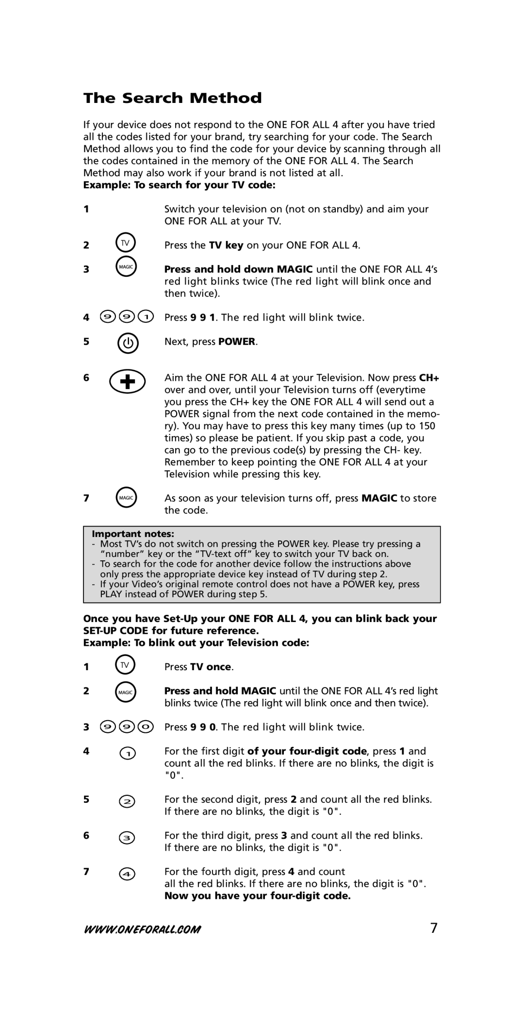 One for All URC-3445 instruction manual Search Method, Example To search for your TV code 