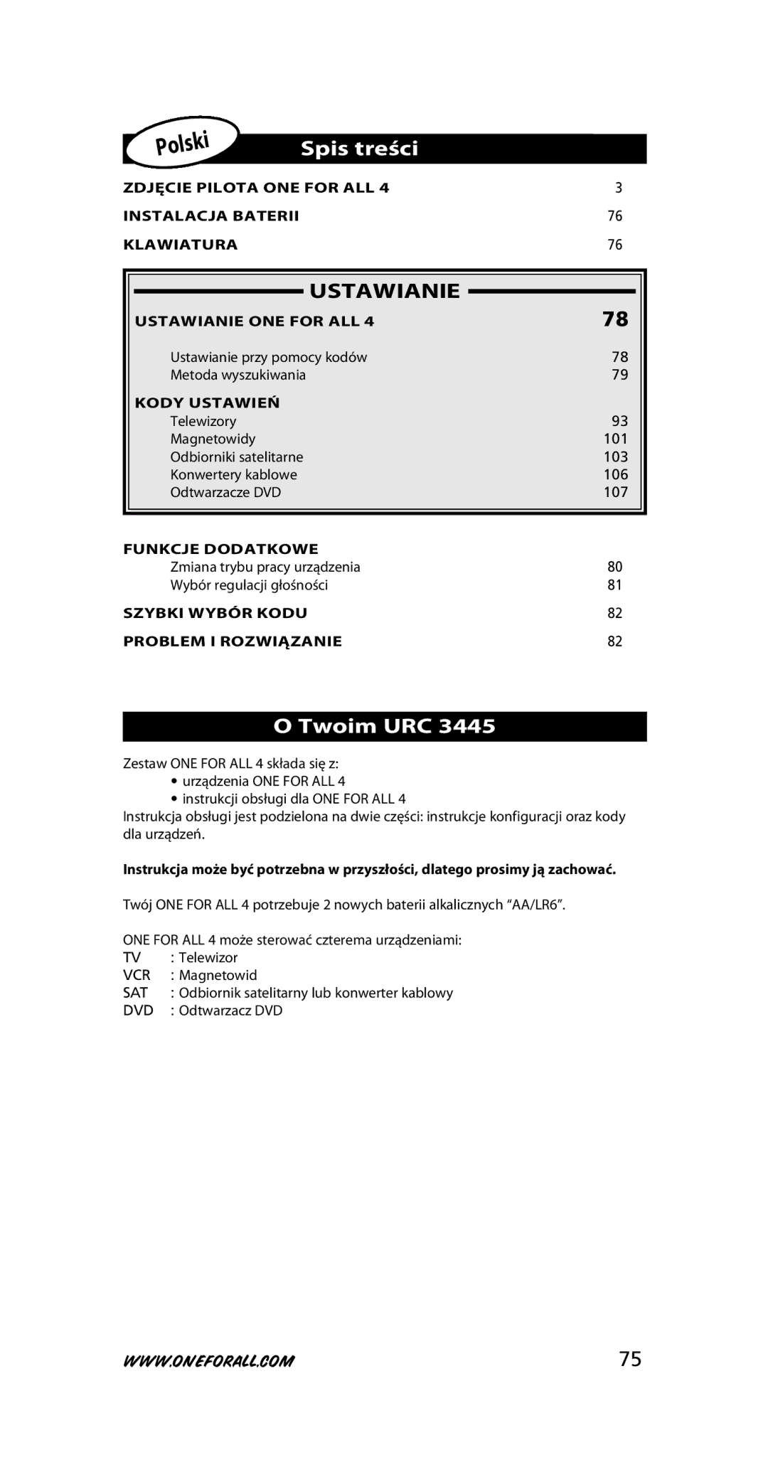 One for All URC-3445 instruction manual Spis treści, Ustawianie, Twoim URC 