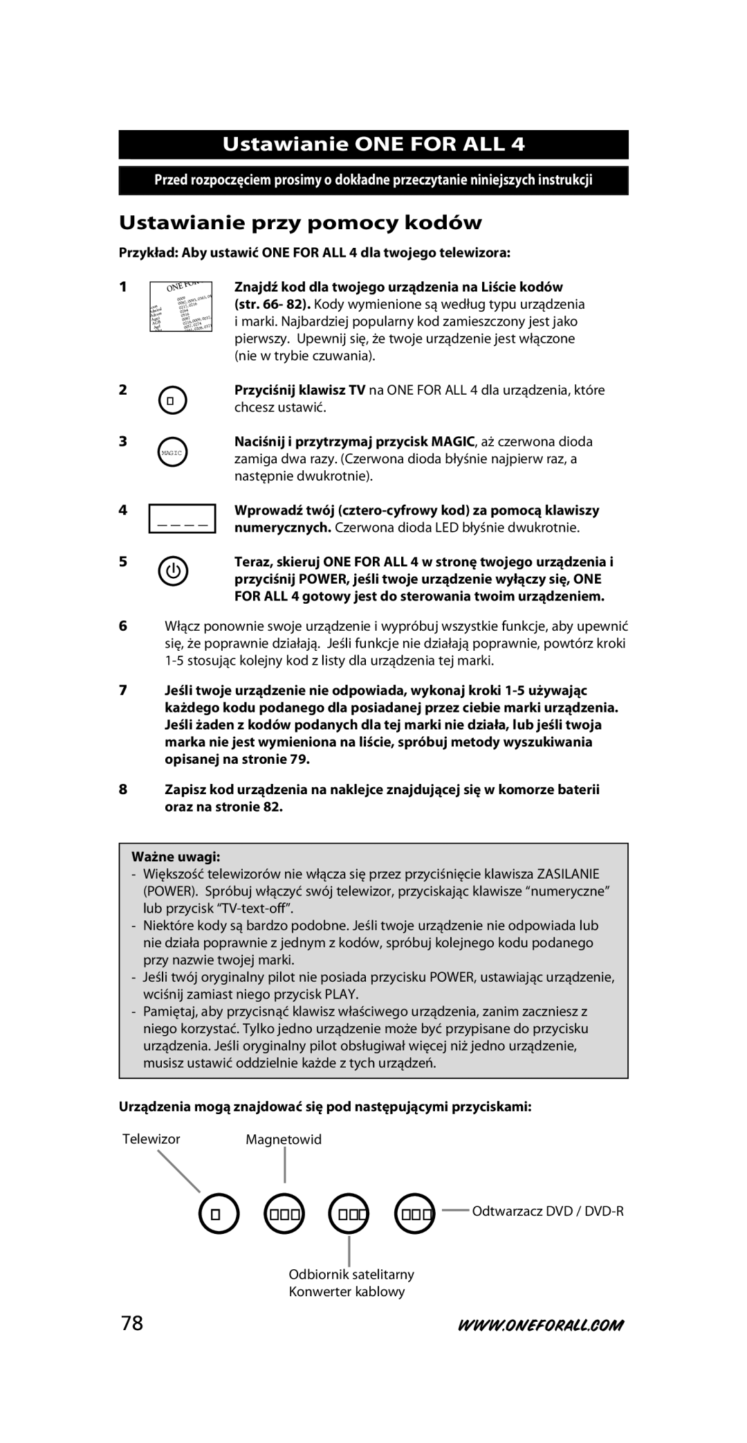 One for All URC-3445 instruction manual Ustawianie ONE for ALL, Ustawianie przy pomocy kodów 