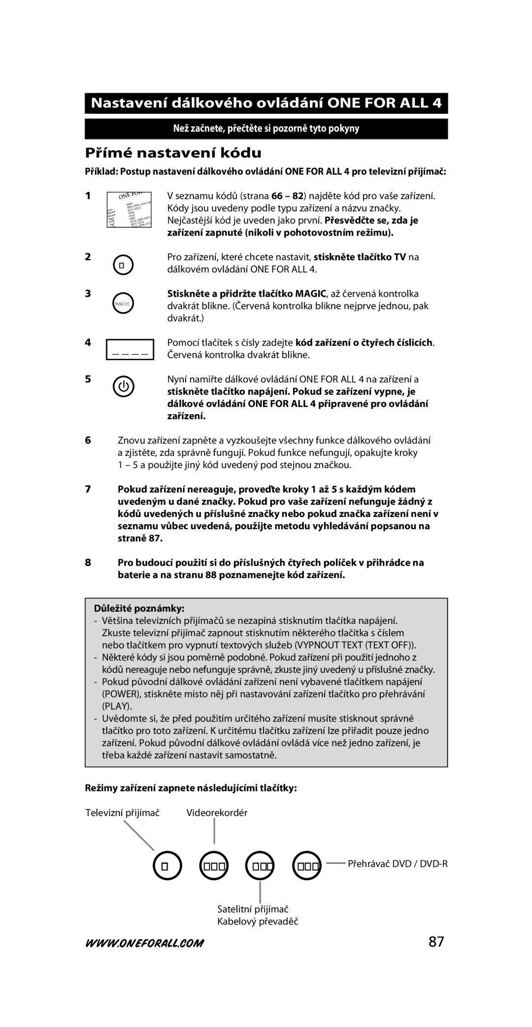 One for All URC-3445 instruction manual Nastavení dálkového ovládání ONE for ALL, Přímé nastavení kódu, Důležité poznámky 