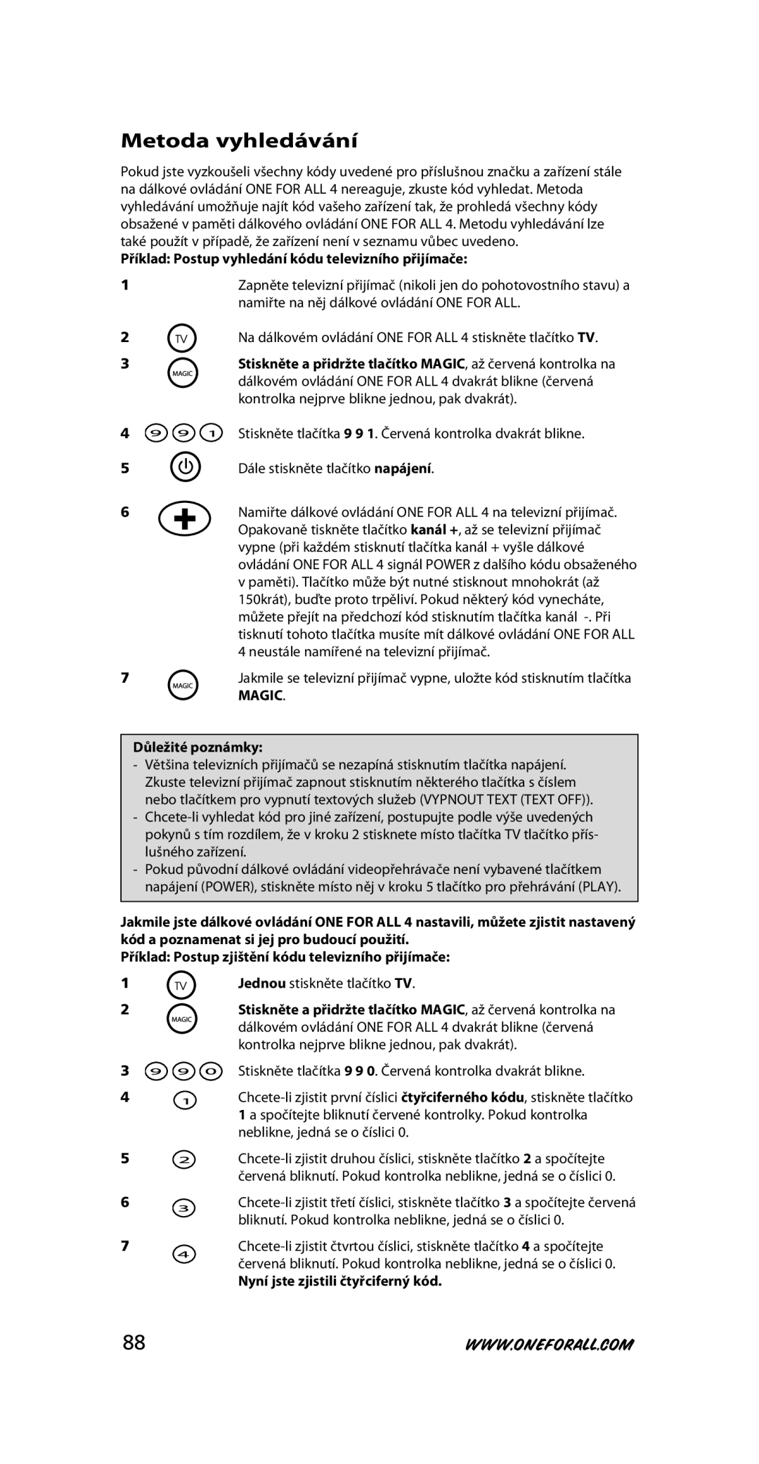 One for All URC-3445 instruction manual Metoda vyhledávání, Příklad Postup vyhledání kódu televizního přijímače, Magic 