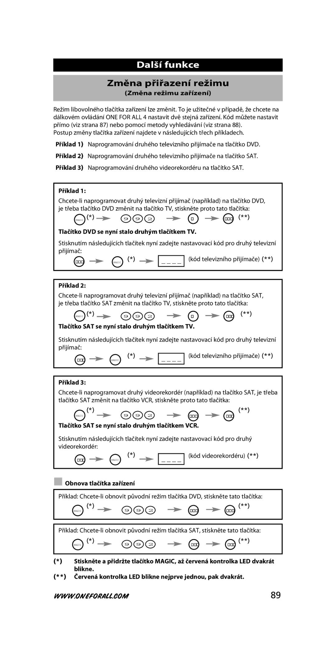 One for All URC-3445 instruction manual Další funkce, Změna přiřazení režimu 