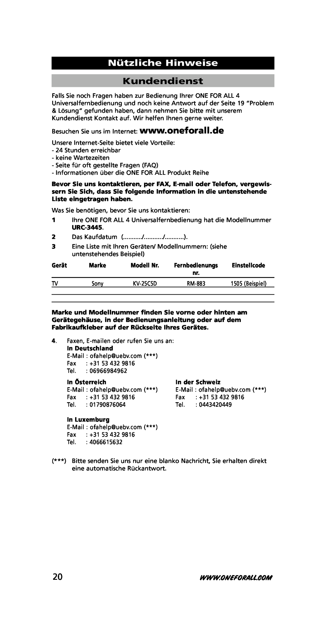 One for All URC-3445 Nützliche Hinweise, Kundendienst, Gerät, In Deutschland, In Õsterreich, In der Sc hweiz, In Luxemburg 