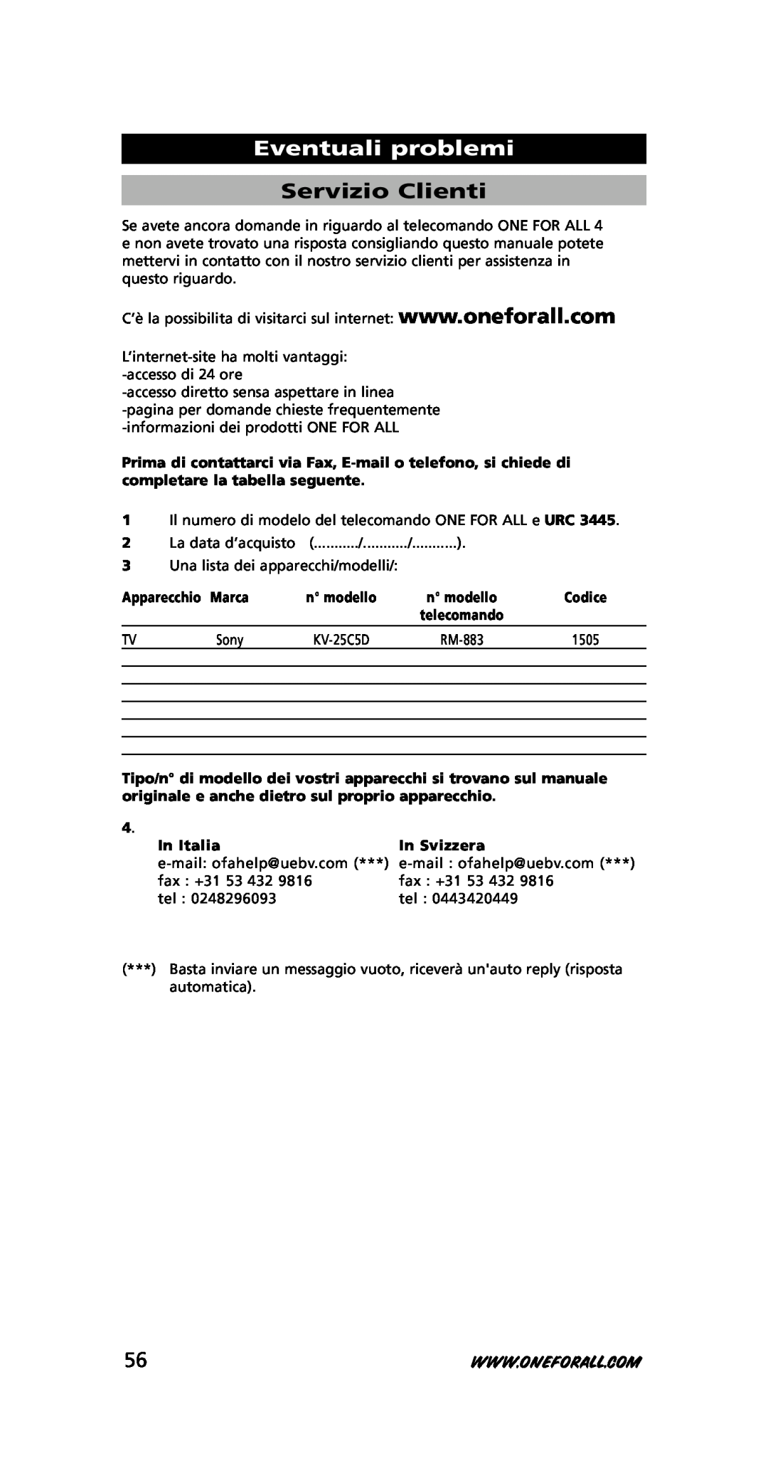 One for All URC-3445 instruction manual Eventuali problemi, Servizio Clienti, Apparecchio, 1505, In Italia, In Sv izzera 