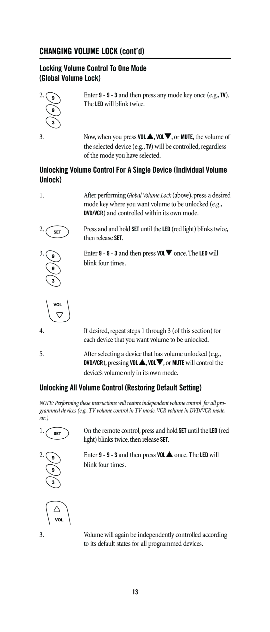 One for All URC-8011, URC-3605, URC-3300, URC-8811, URC-6131, URC-5705 Blink four times, Device’s volume only in its own mode 