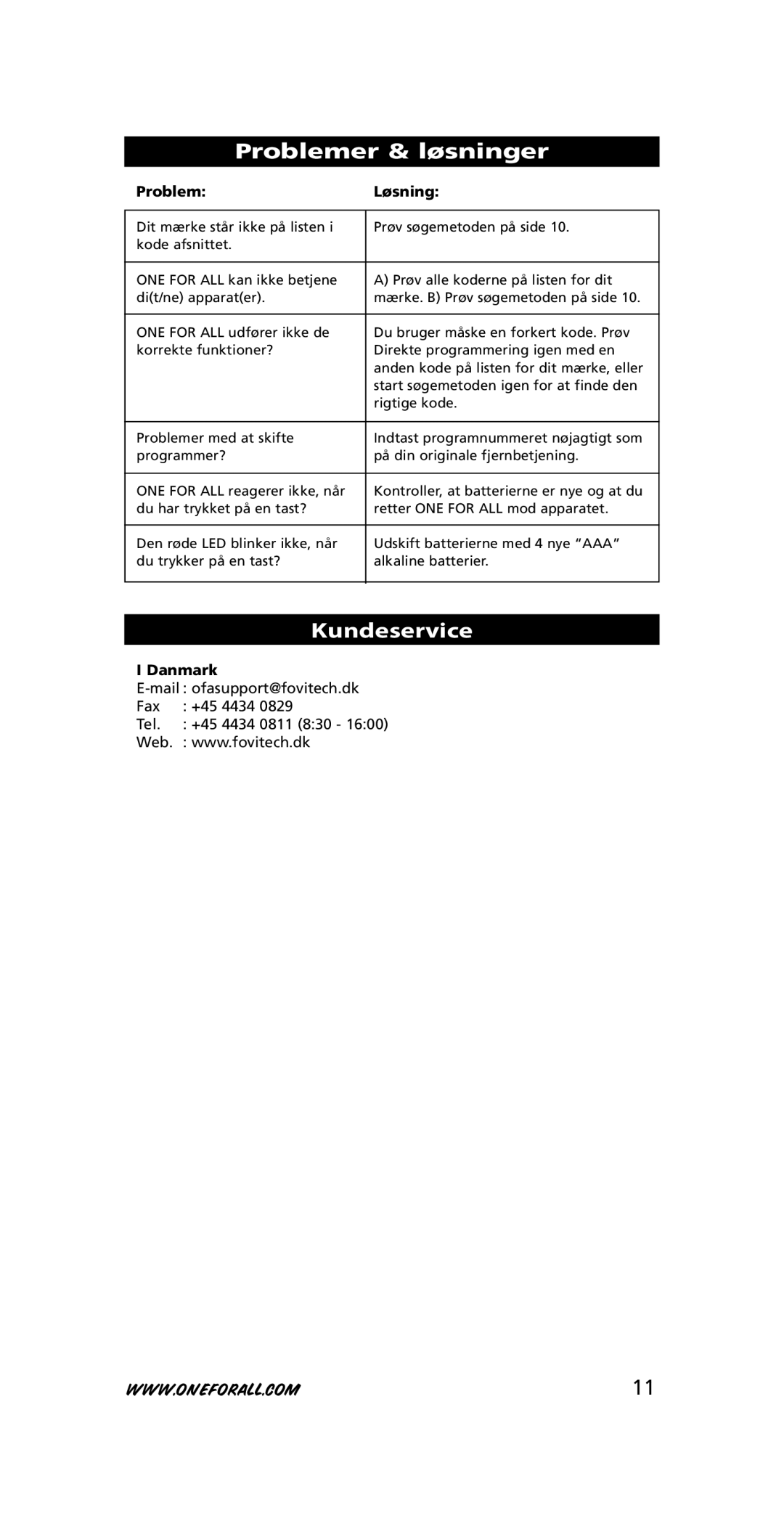 One for All URC-3710 instruction manual Problemer & løsninger, Kundeservice, Problem Løsning, Danmark 