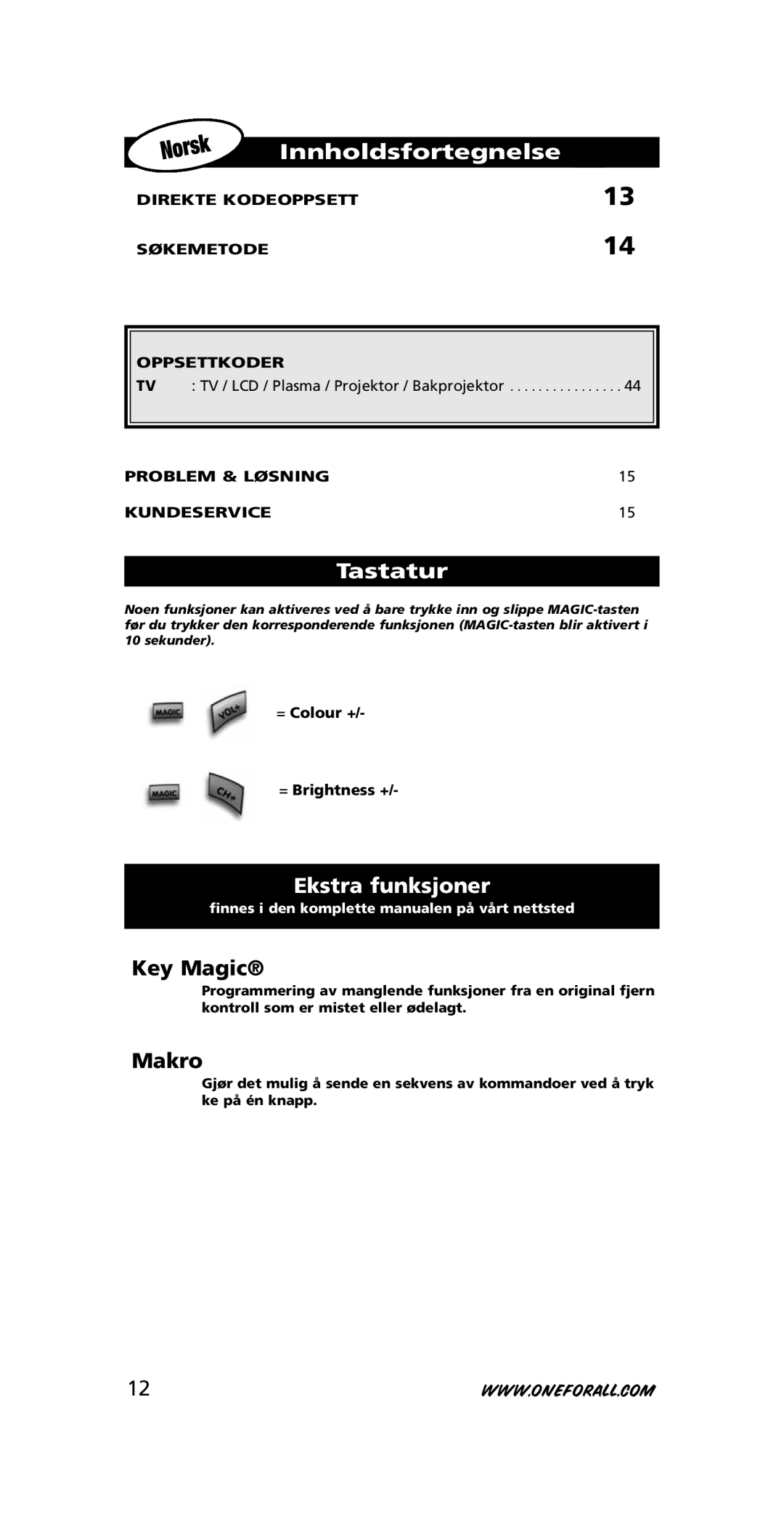 One for All URC-3710 Innholdsfortegnelse, Ekstra funksjoner, TV TV / LCD / Plasma / Projektor / Bakprojektor 