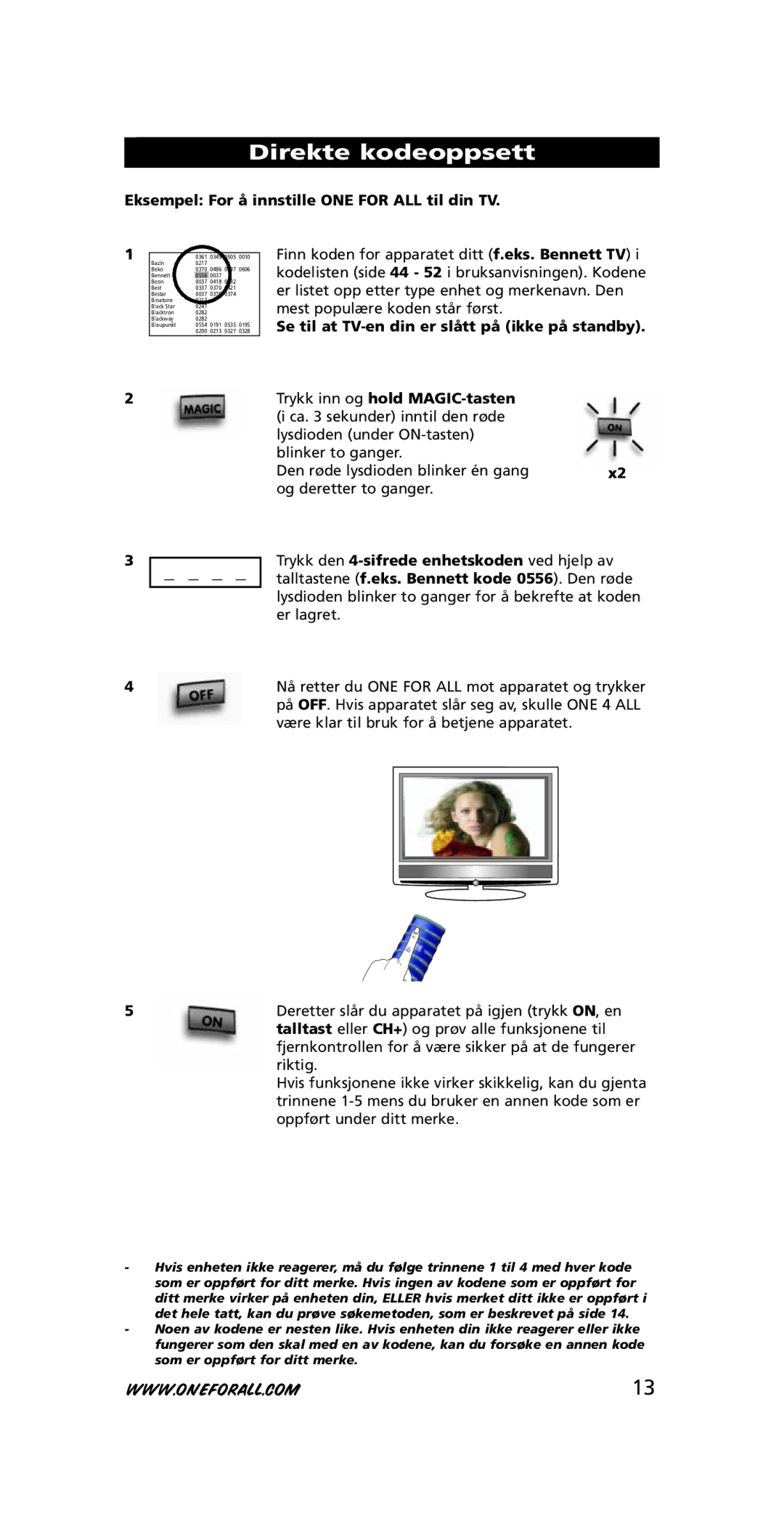 One for All URC-3710 instruction manual Direkte kodeoppsett, Eksempel For å innstille ONE for ALL til din TV 