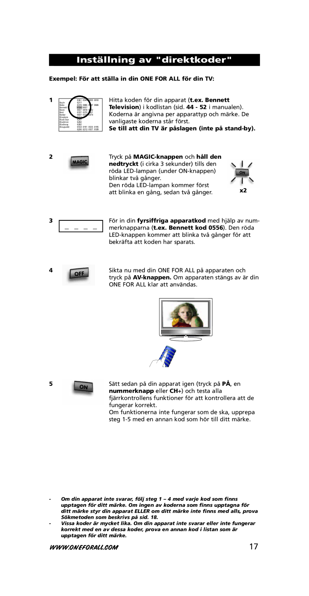 One for All URC-3710 instruction manual Inställning av direktkoder, Exempel För att ställa in din ONE for ALL för din TV 