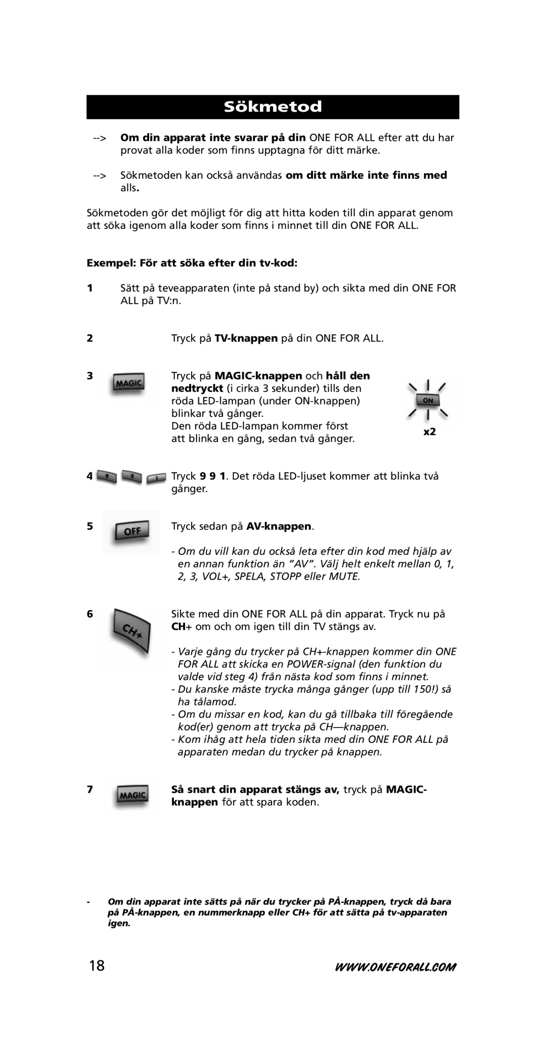 One for All URC-3710 instruction manual Sökmetod, Exempel För att söka efter din tv-kod 