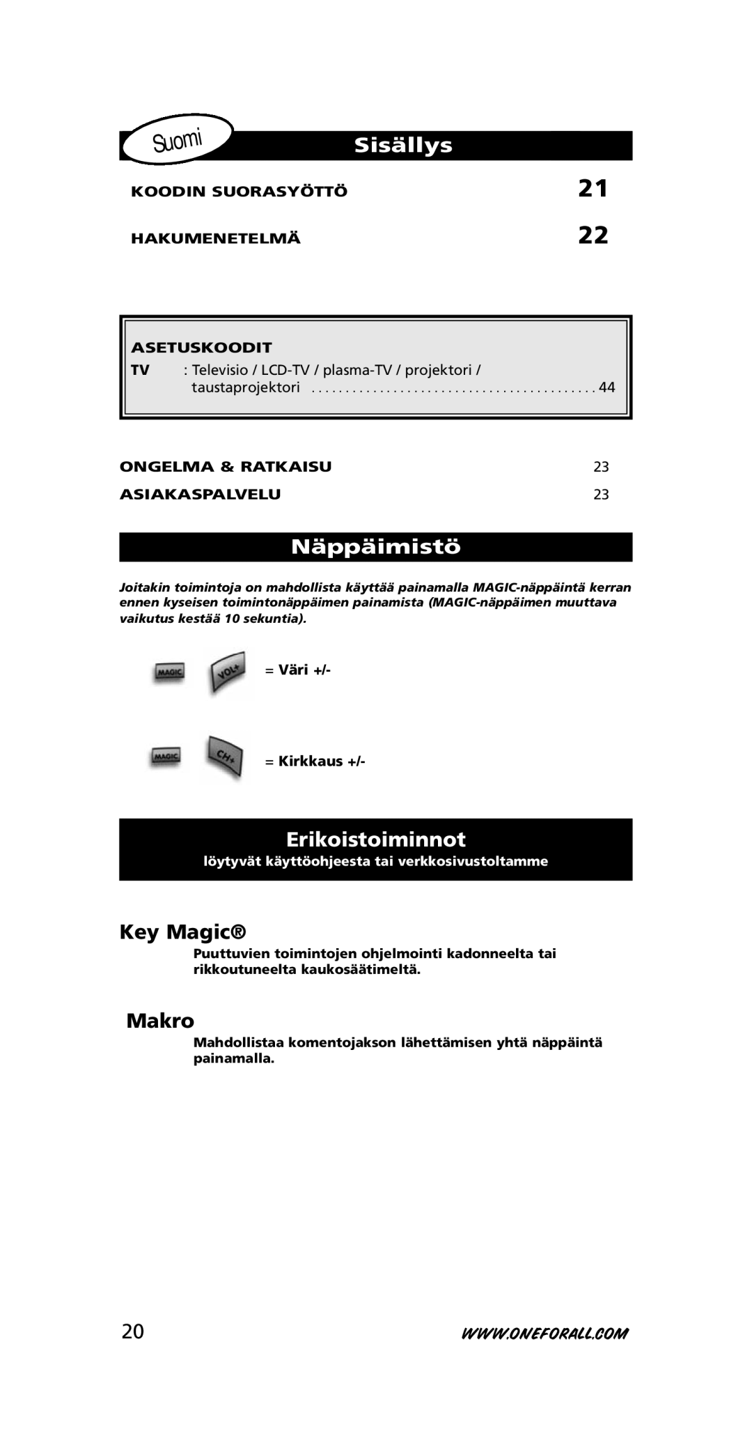 One for All URC-3710 instruction manual Sisällys, Näppäimistö, Erikoistoiminnot, = Väri + = Kirkkaus + 