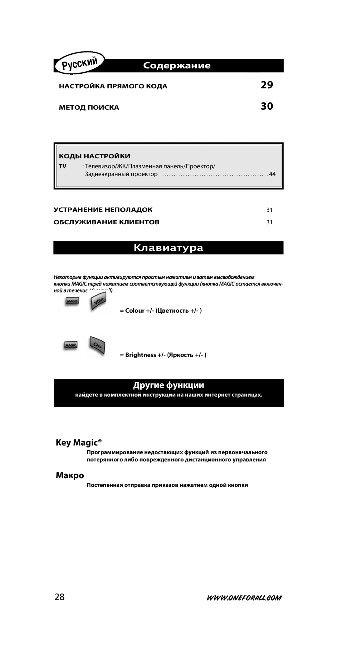 One for All URC-3710 Содержание, Клавиатура, Другие функции, = Colour +/- Цветность + = Brightness +/- Яркость + 