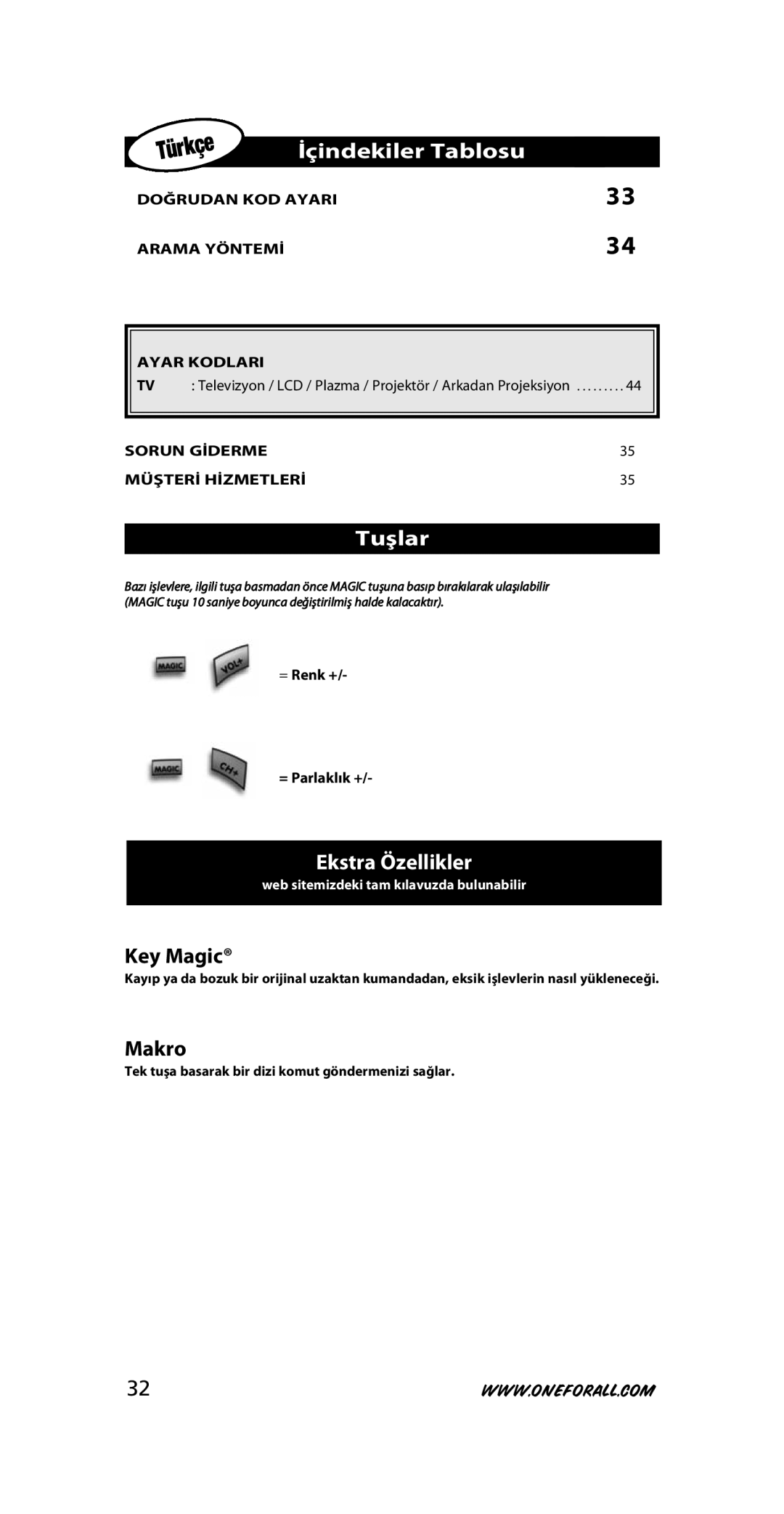 One for All URC-3710 instruction manual İçindekiler Tablosu, Tuşlar, Ekstra Özellikler, = Renk + = Parlaklık + 