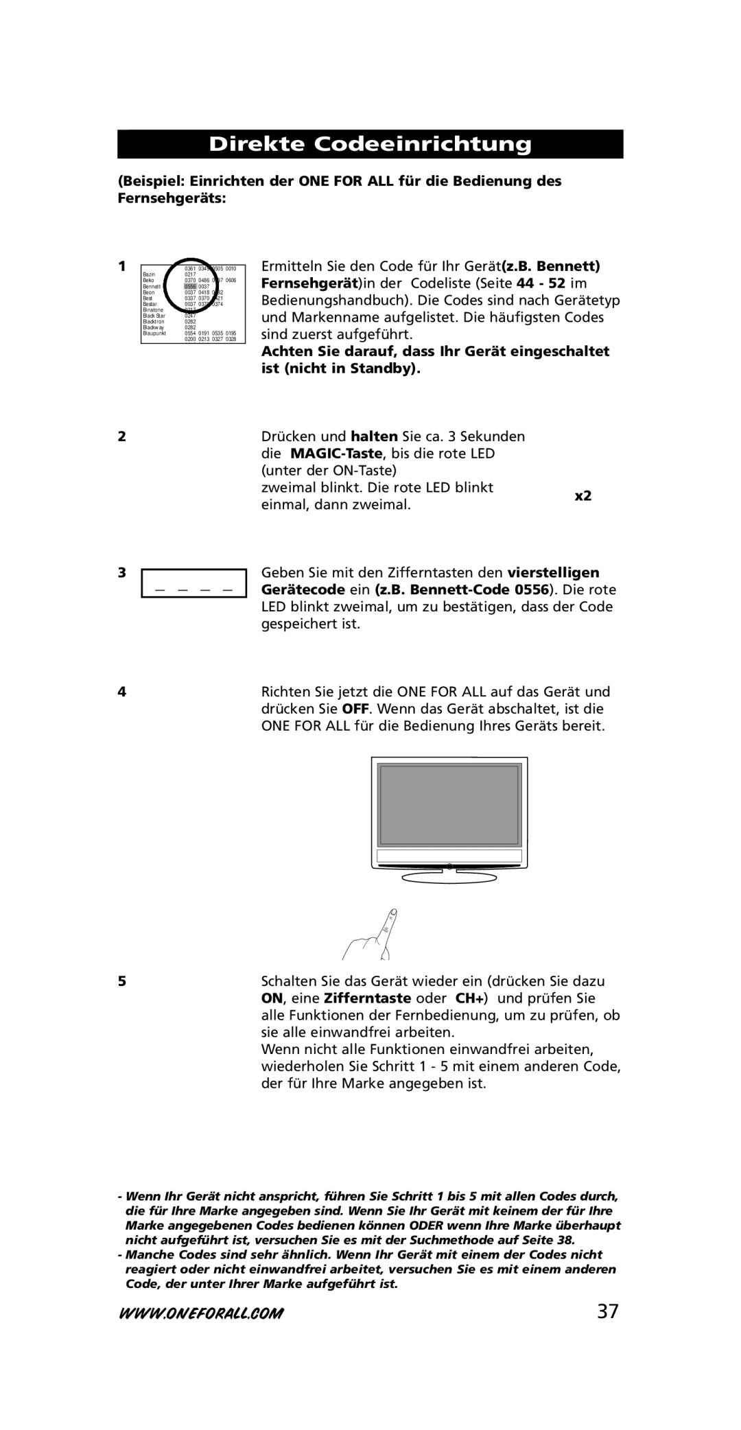 One for All URC-3710 instruction manual Direkte Codeeinrichtung 