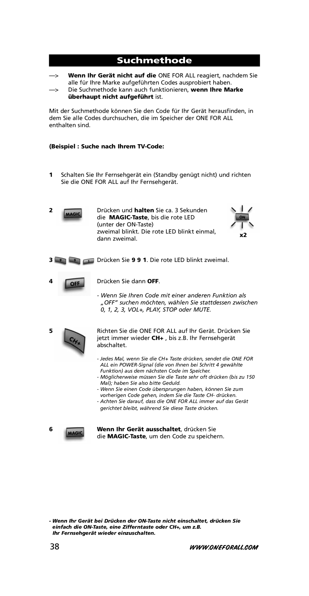 One for All URC-3710 instruction manual Suchmethode, Beispiel Suche nach Ihrem TV-Code 