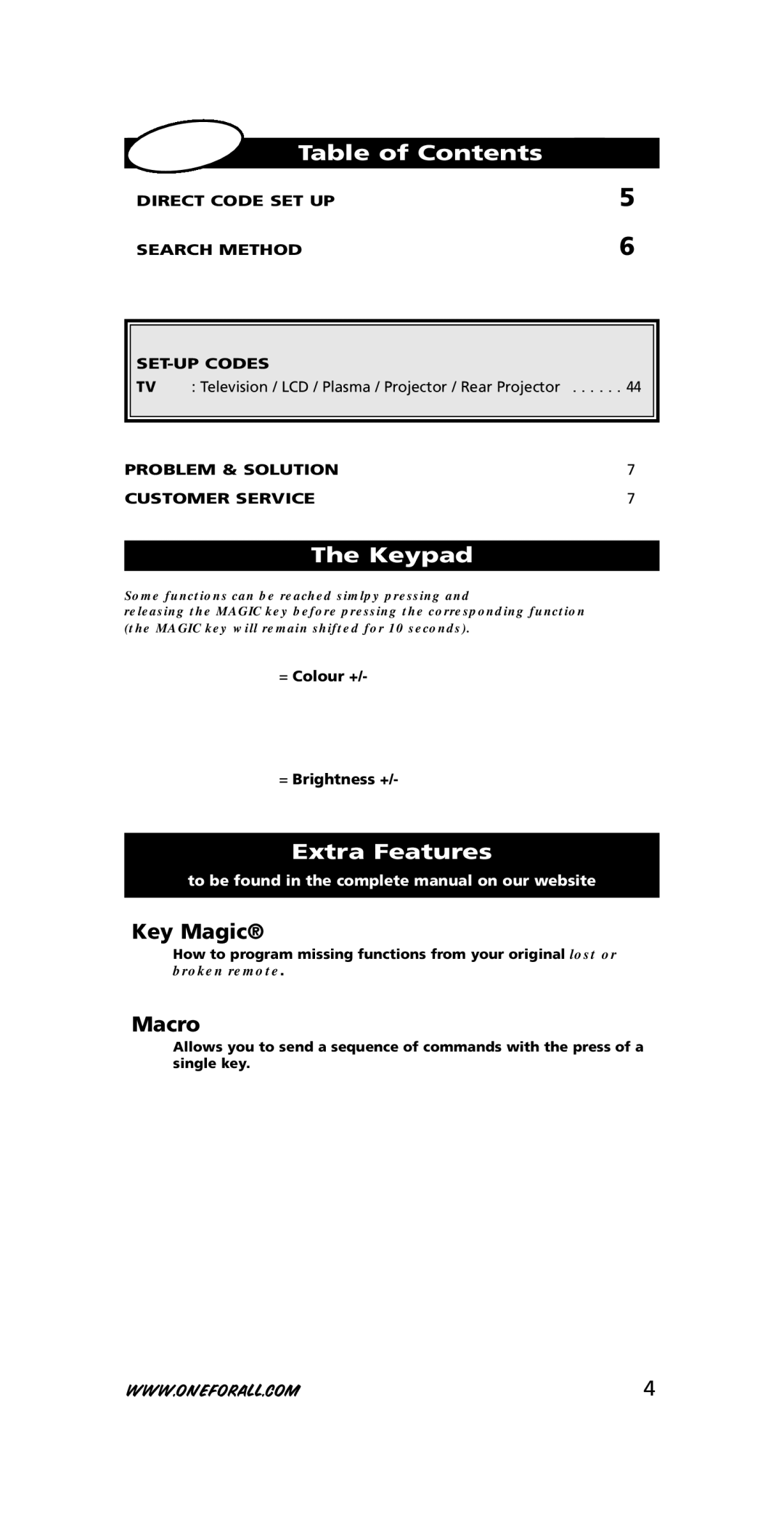 One for All URC-3710 instruction manual Table of Contents, Keypad, Extra Features 