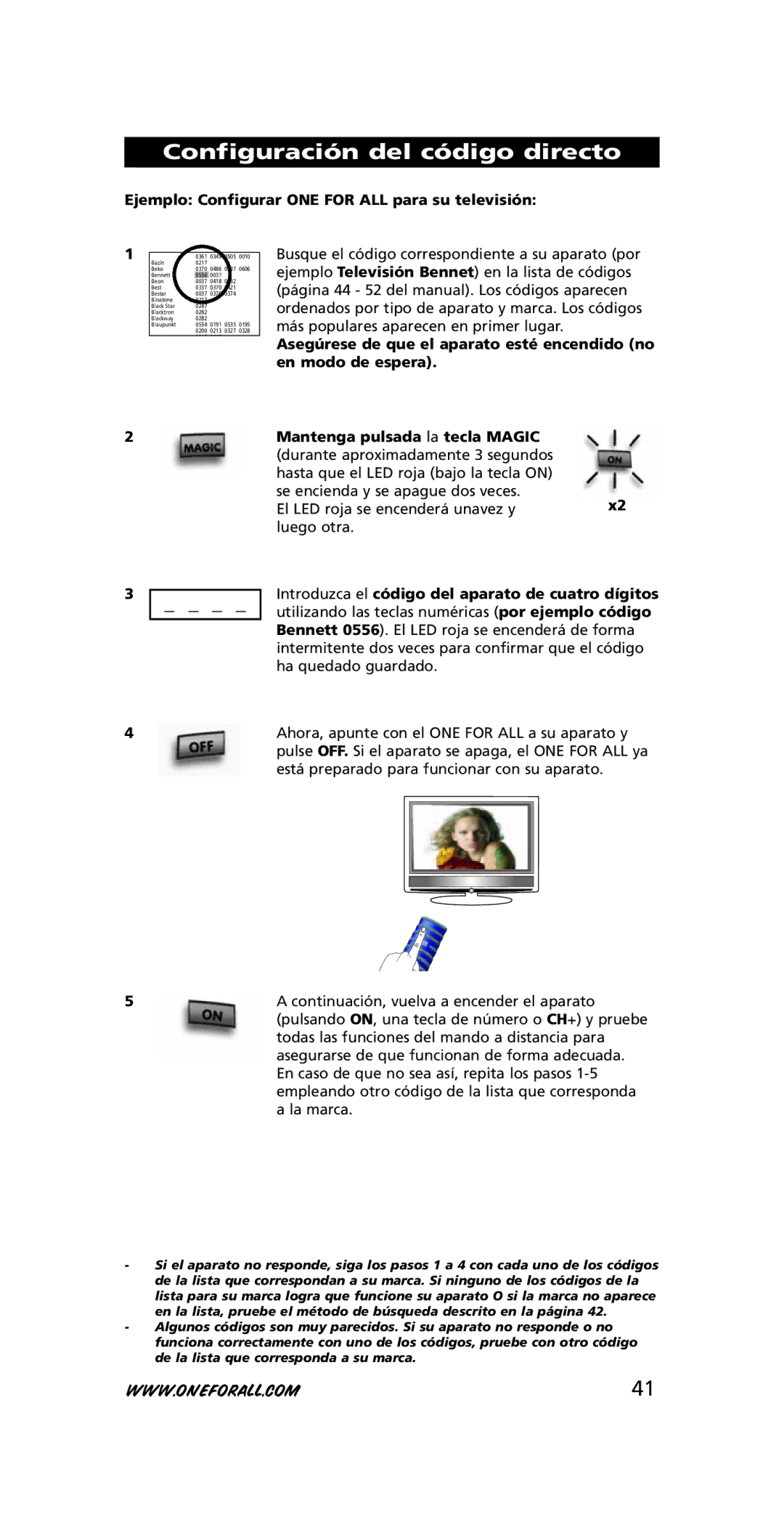 One for All URC-3710 instruction manual Configuración del código directo, Ejemplo Configurar ONE for ALL para su televisión 