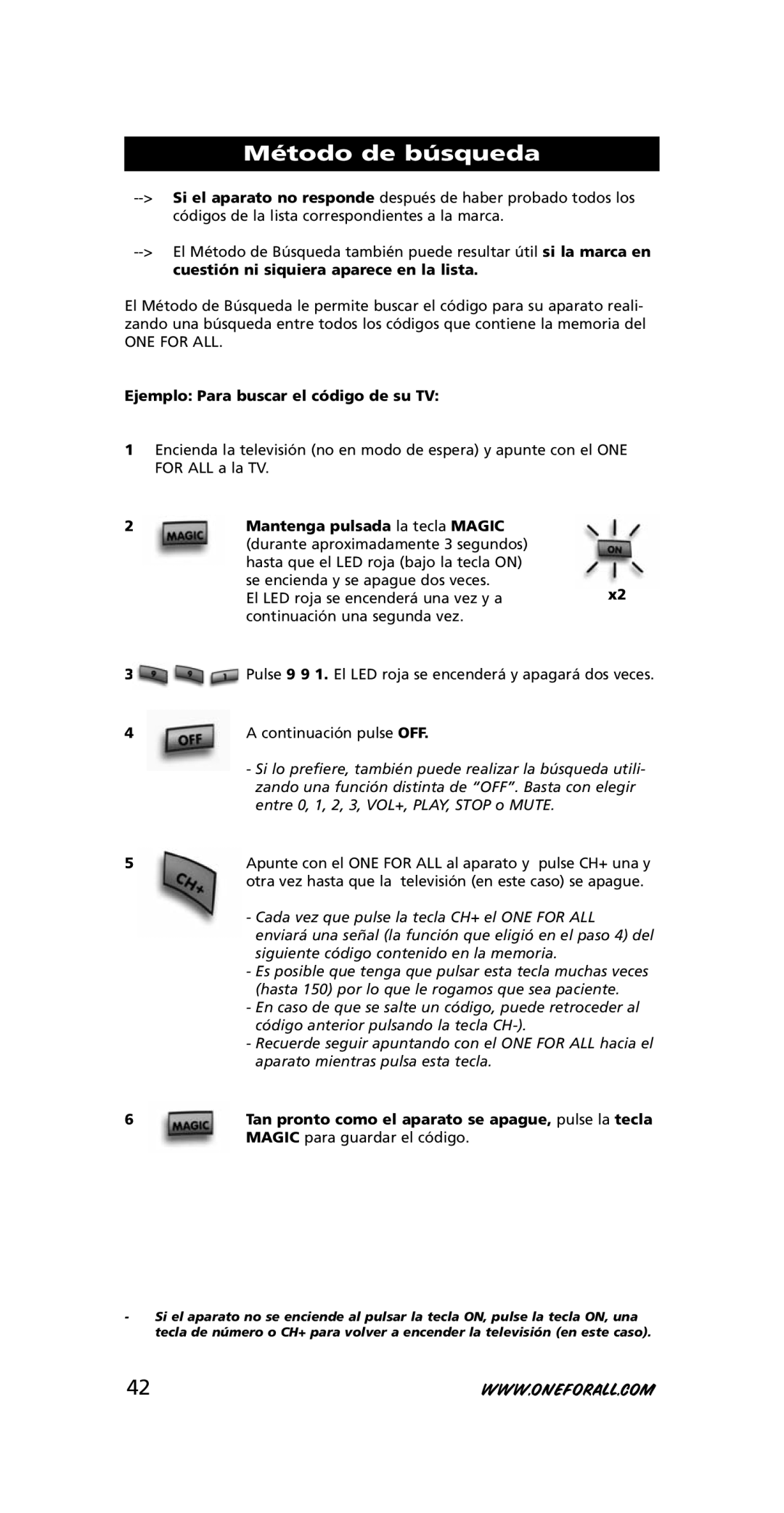 One for All URC-3710 instruction manual Método de búsqueda, Ejemplo Para buscar el código de su TV 