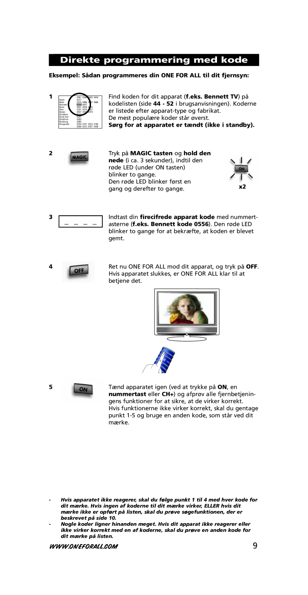 One for All URC-3710 instruction manual Direkte programmering med kode, Gang og derefter to gange 