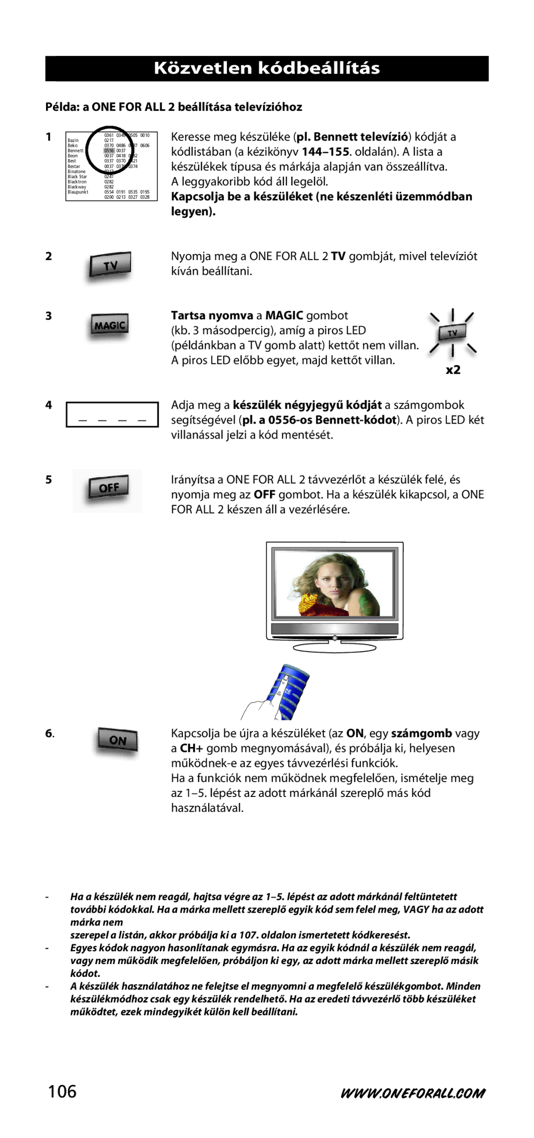 One for All URC-3720 instruction manual Közvetlen kódbeállítás, 106, Példa a ONE for ALL 2 beállítása televízióhoz 