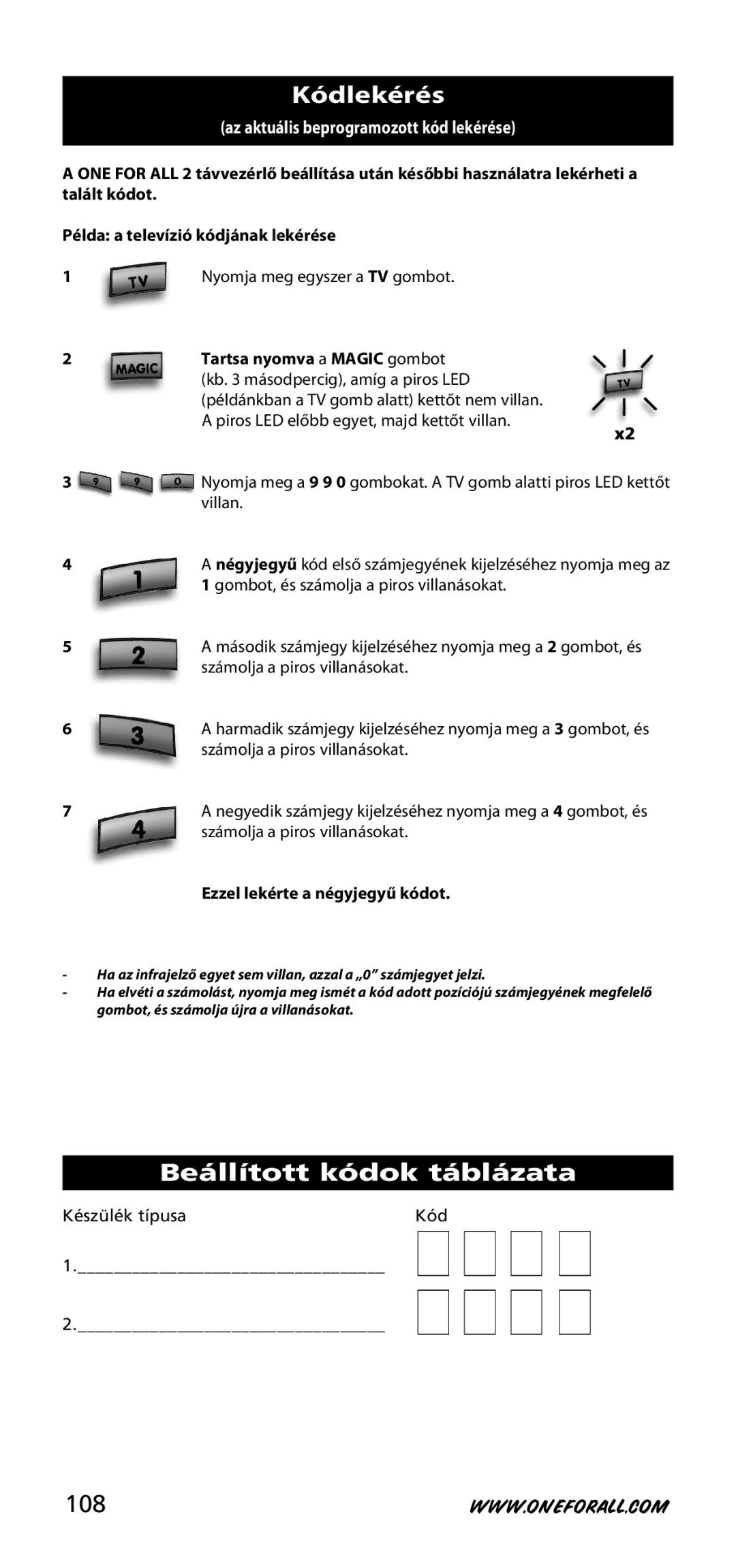 One for All URC-3720 instruction manual Kódlekérés, Beállított kódok táblázata, 108, Ezzel lekérte a négyjegyű kódot 