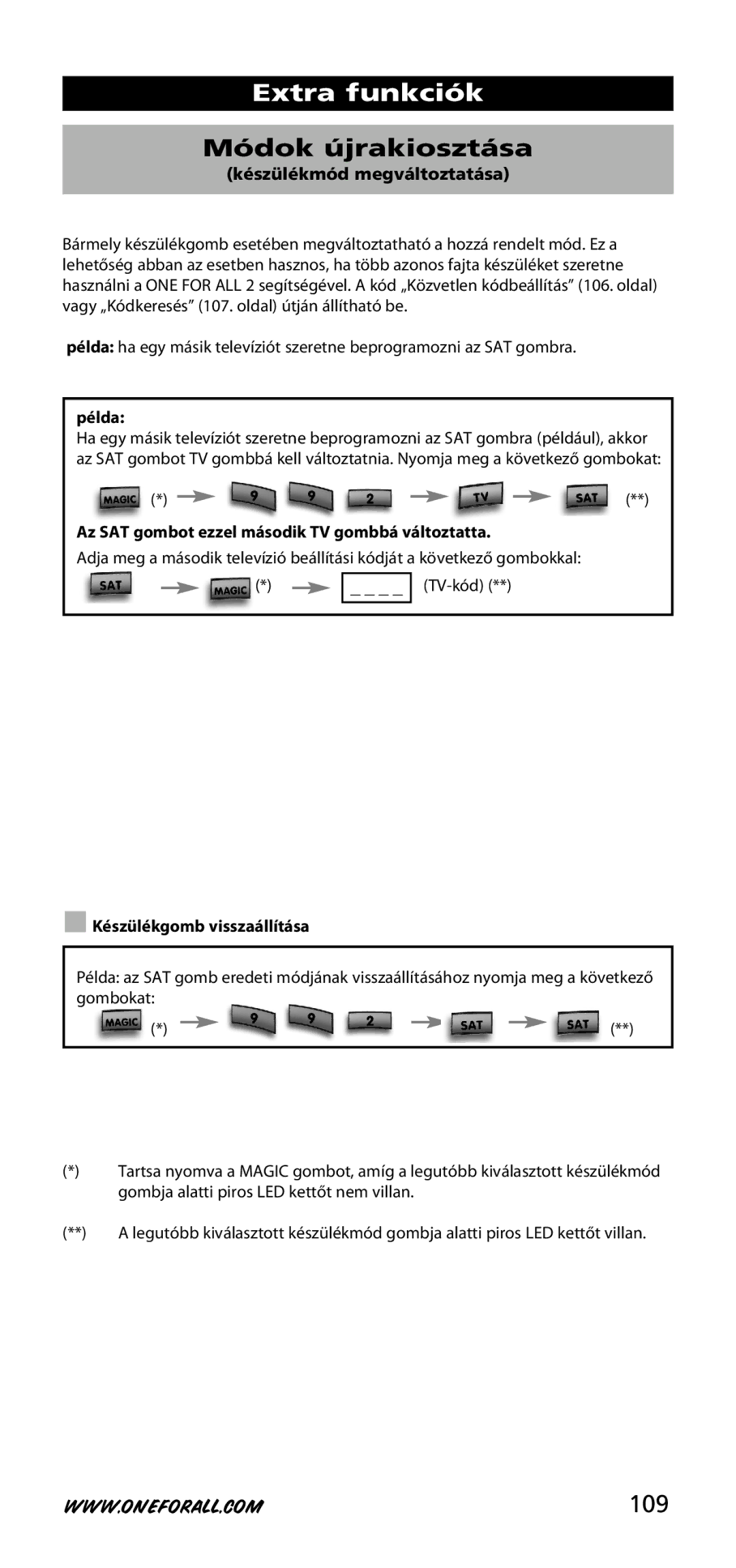 One for All URC-3720 instruction manual Extra funkciók, Módok újrakiosztása, 109 