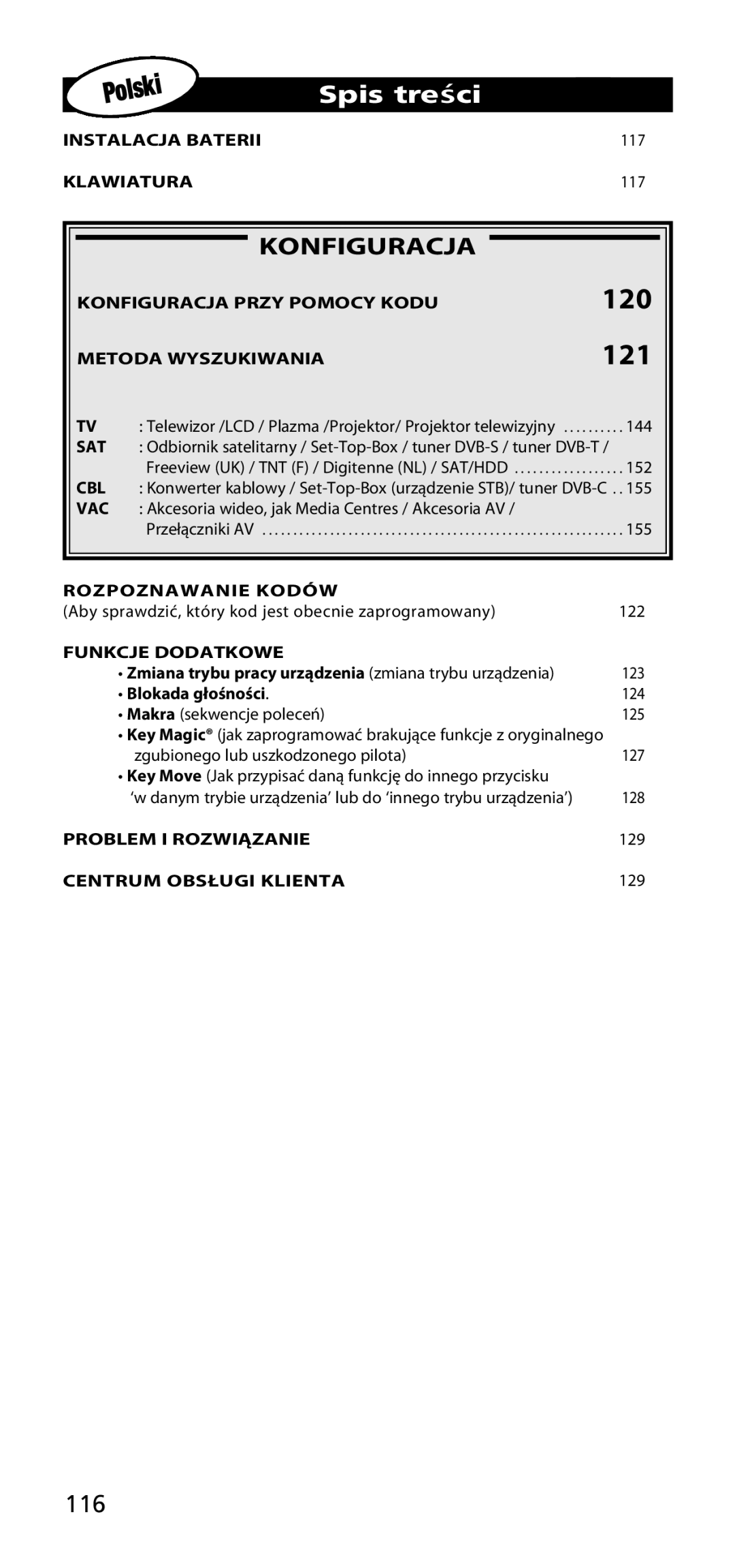 One for All URC-3720 instruction manual Spis tre ci, 116 