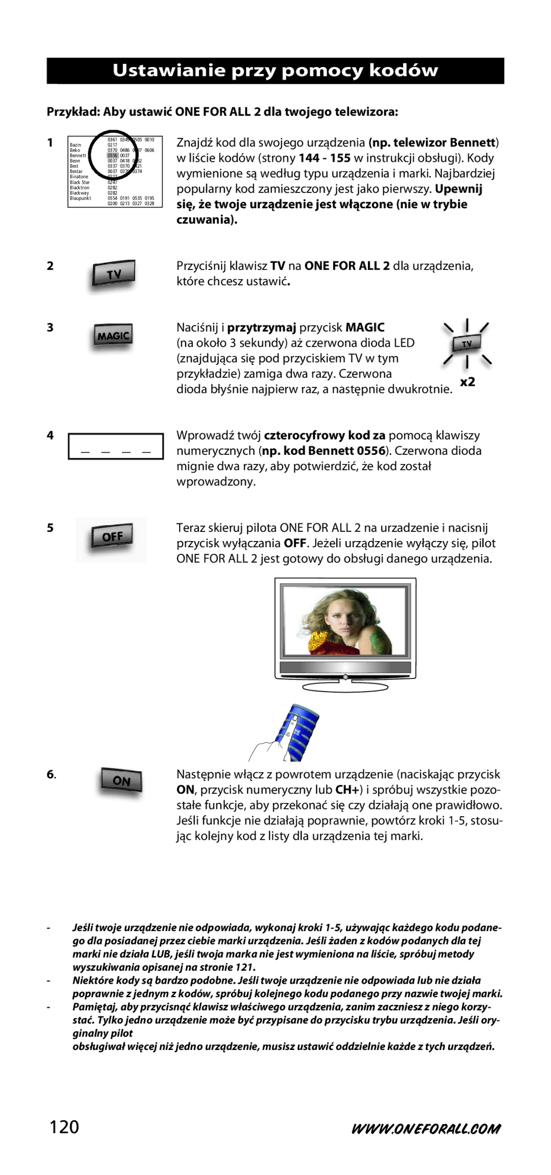 One for All URC-3720 Ustawianie przy pomocy kodów, 120, Przykład Aby ustawić ONE for ALL 2 dla twojego telewizora 