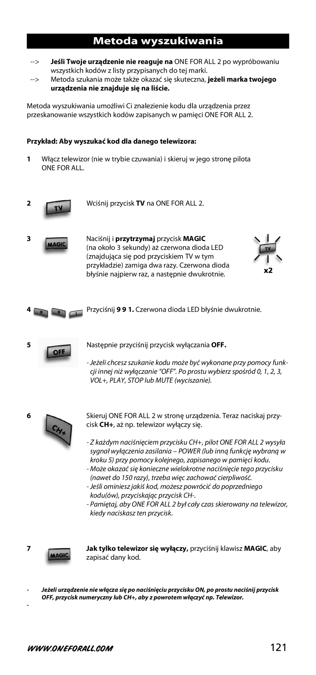 One for All URC-3720 instruction manual Metoda wyszukiwania, 121, Przykład Aby wyszukać kod dla danego telewizora 