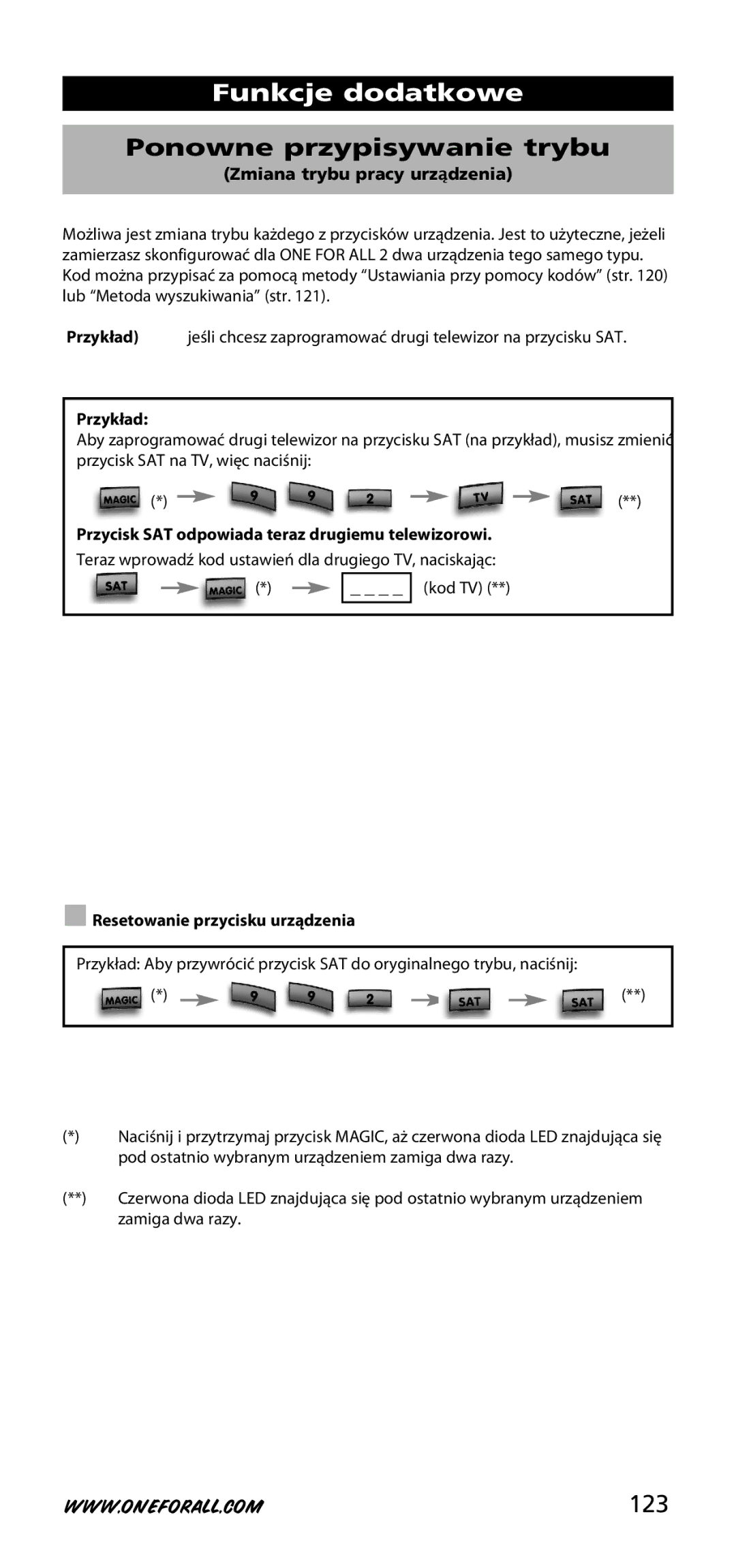 One for All URC-3720 instruction manual Funkcje dodatkowe, Ponowne przypisywanieą trybu, 123 