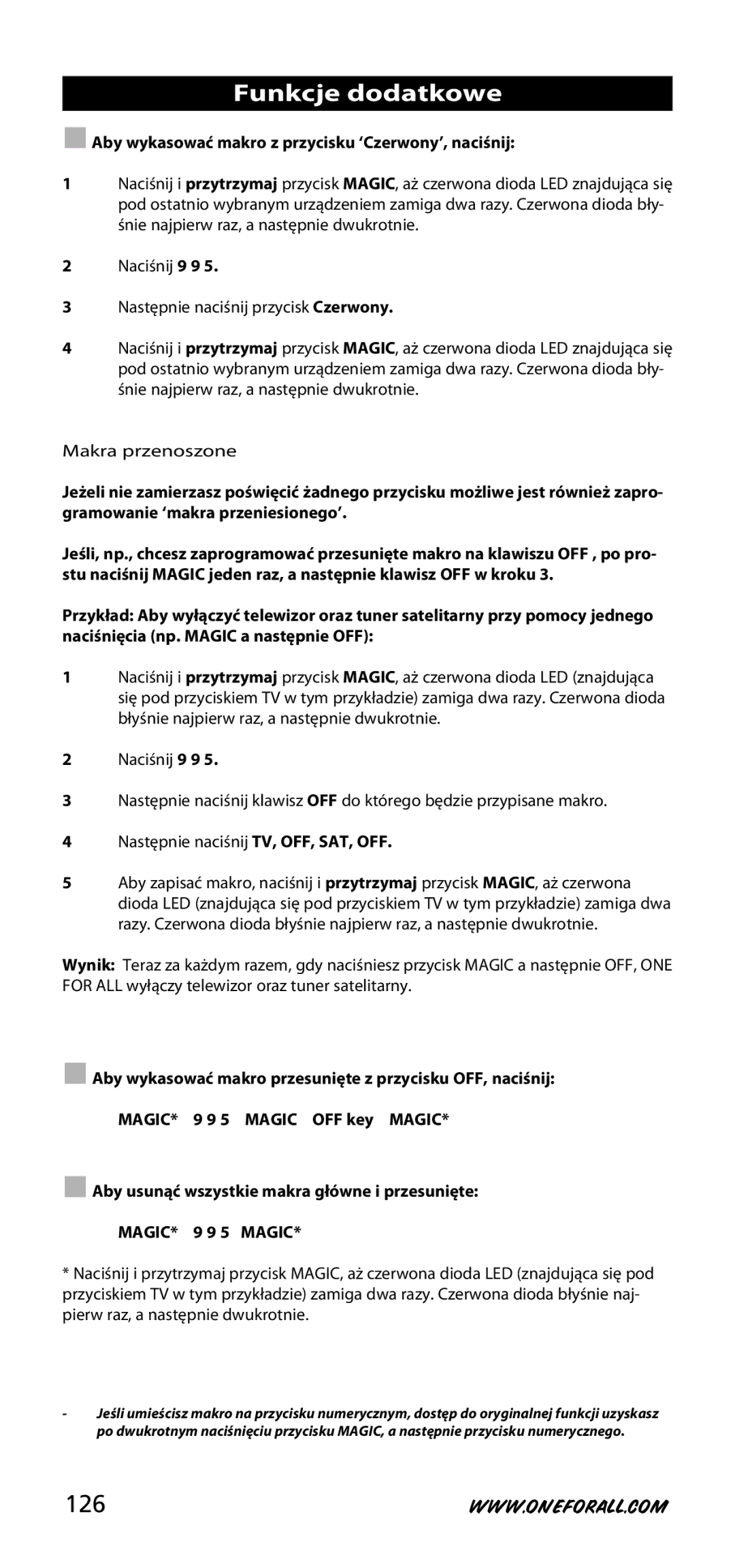 One for All URC-3720 instruction manual 126, Aby wykasować makro z przycisku ‘Czerwony’, naciśnij 