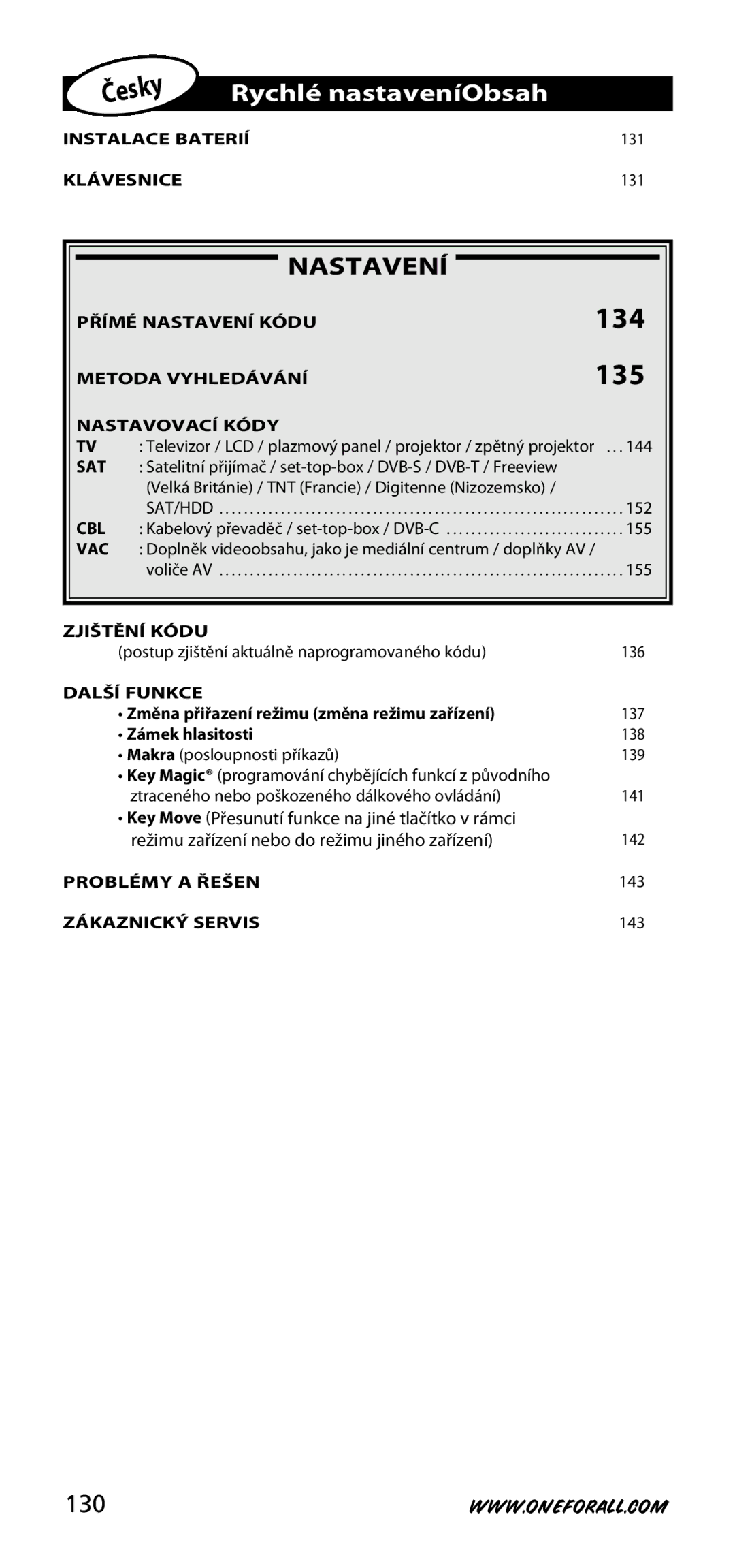 One for All URC-3720 instruction manual Rychlé nastaveníObsah, 130 