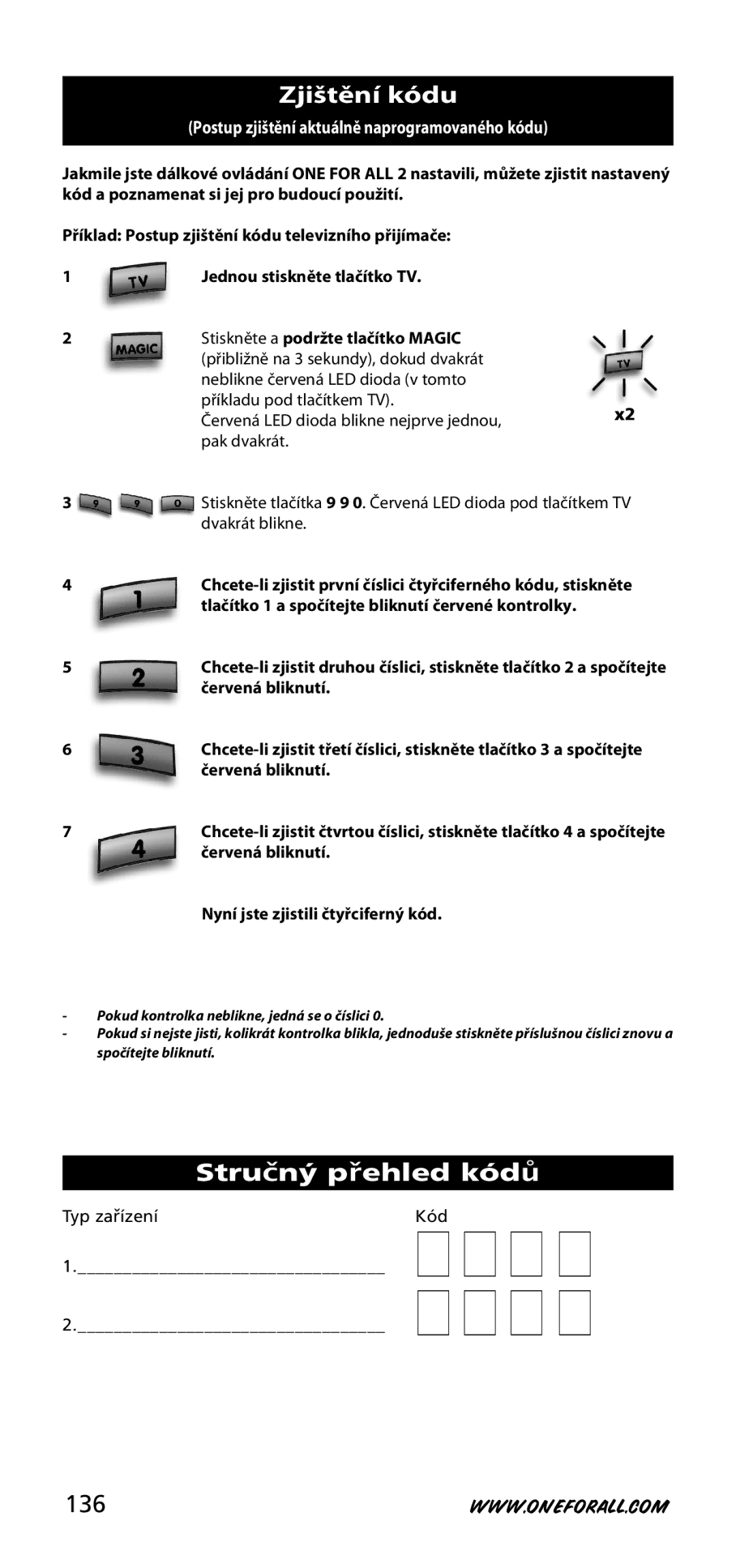 One for All URC-3720 instruction manual Zjištění kódu, Stru ný p ehled kód, 136 